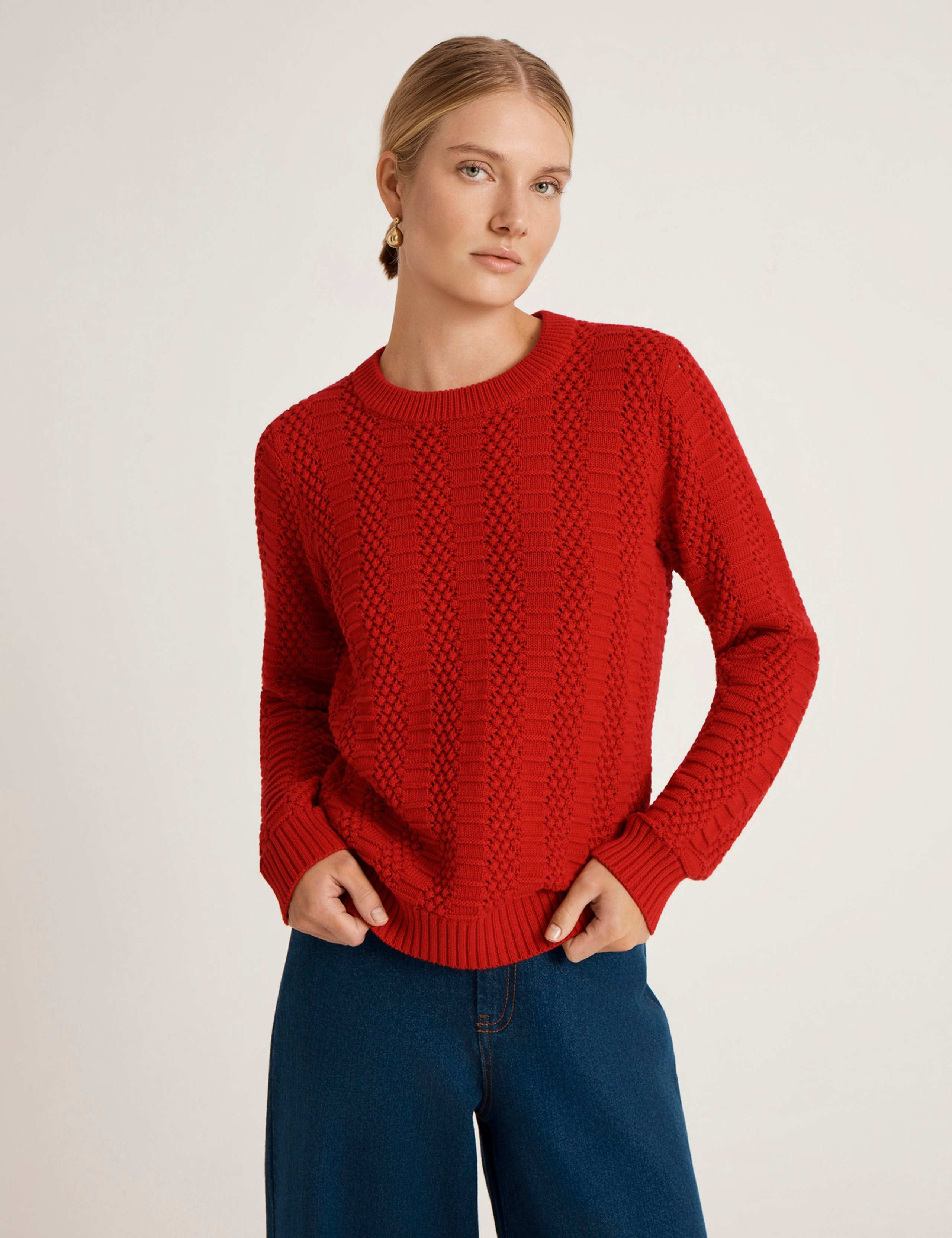 Pure Cotton Textured Crew Neck Jumper