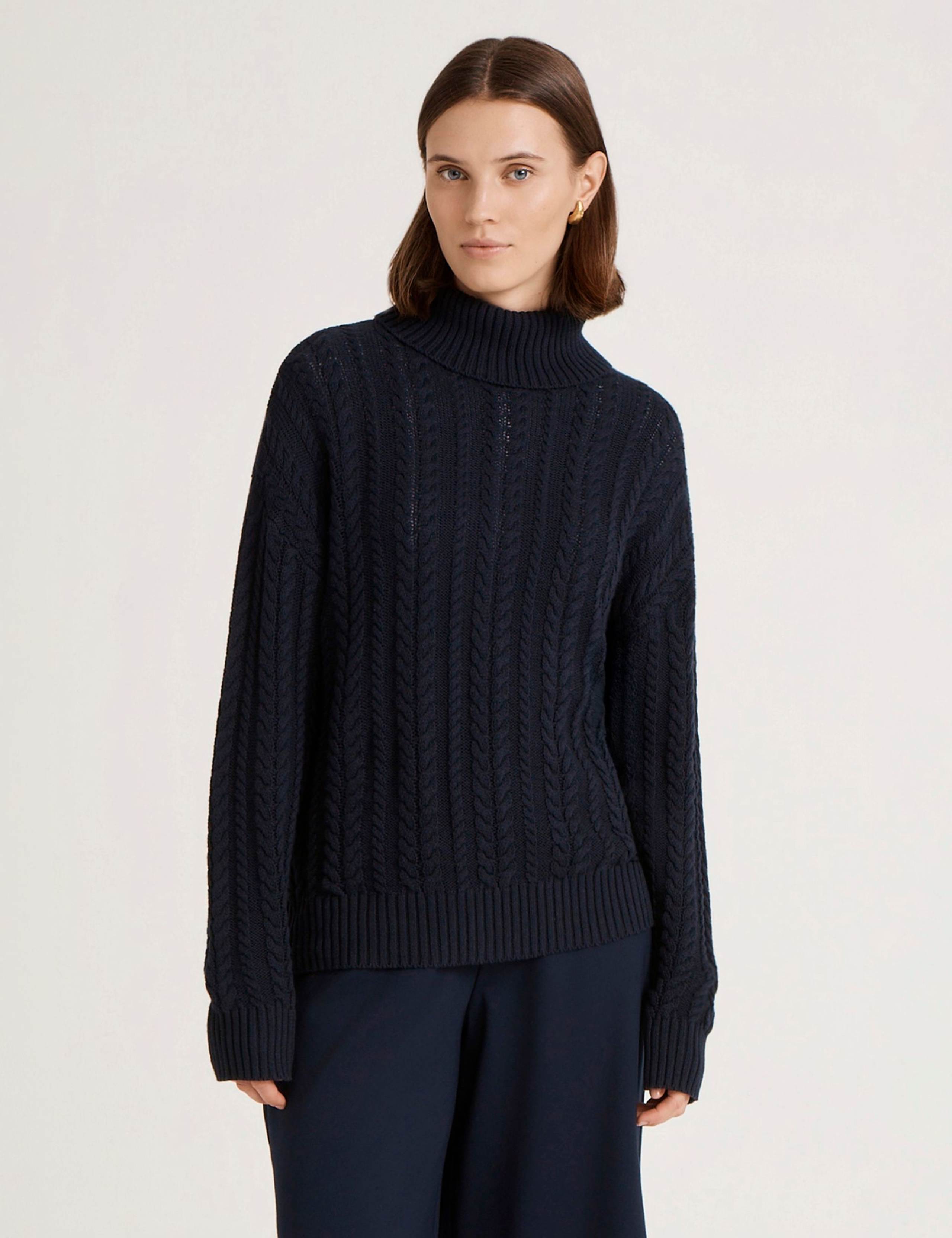 Pure Cotton Cable Knit Roll Neck Jumper