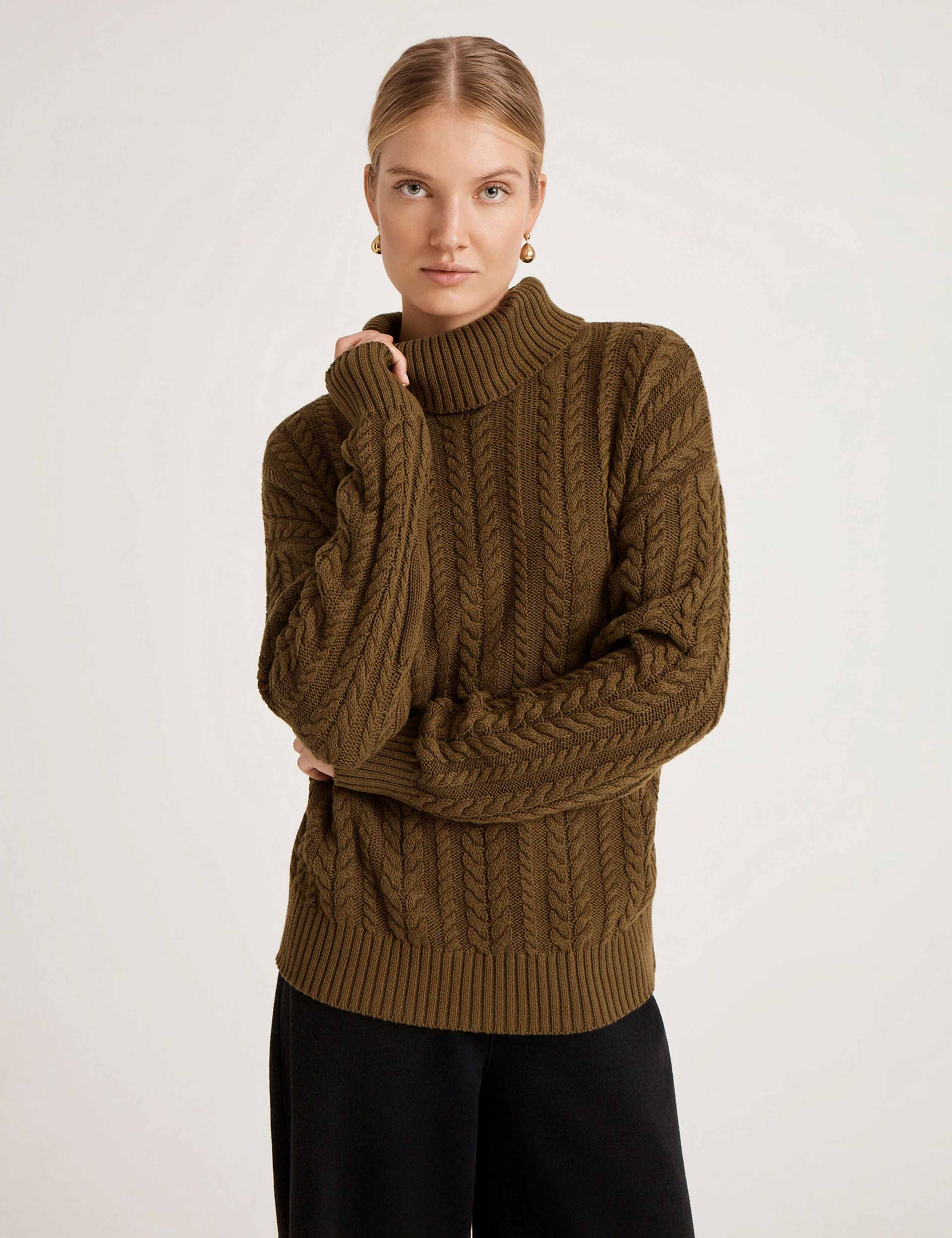 Pure Cotton Cable Knit Roll Neck Jumper