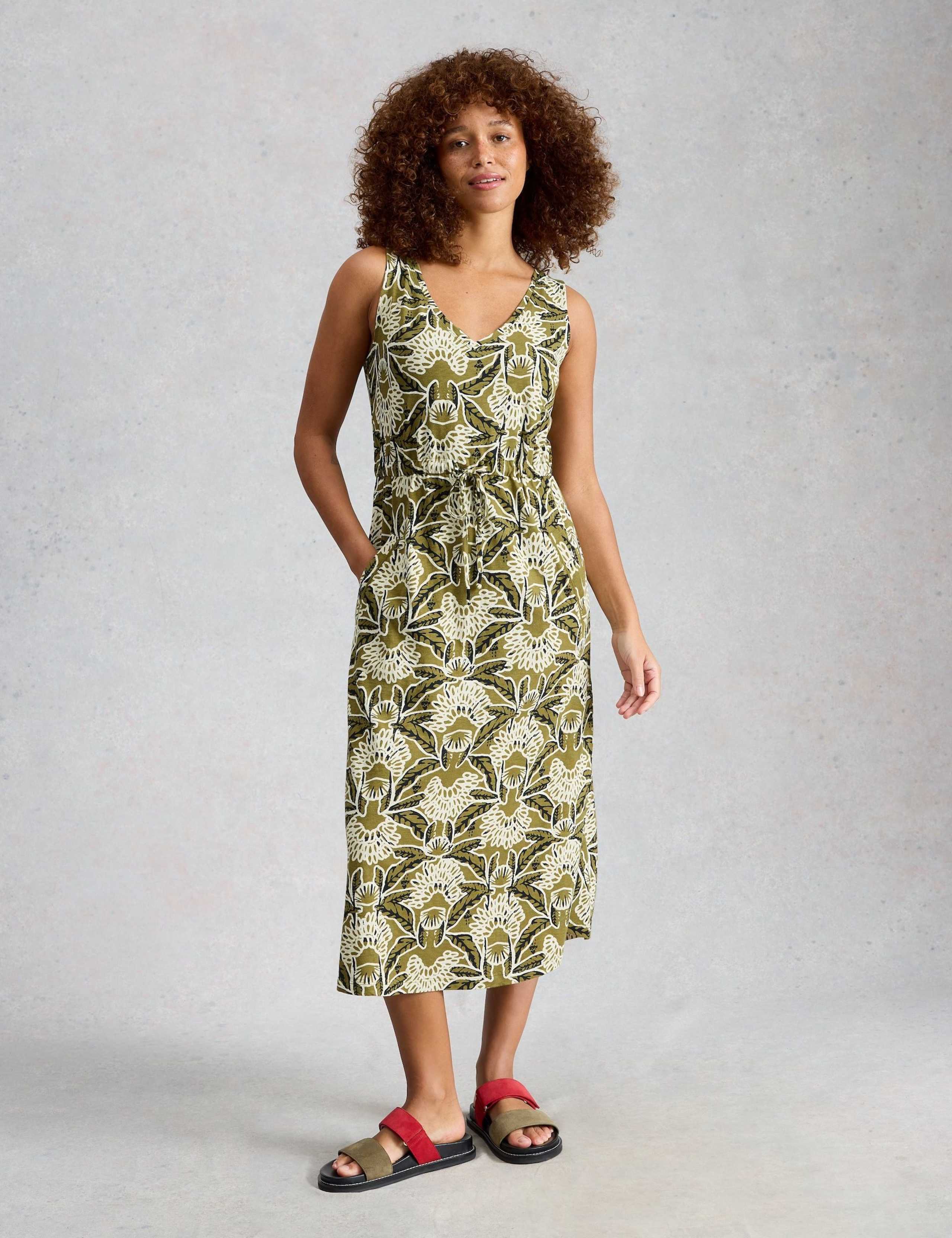 Pure Cotton Jersey Printed Midi Waisted Dress