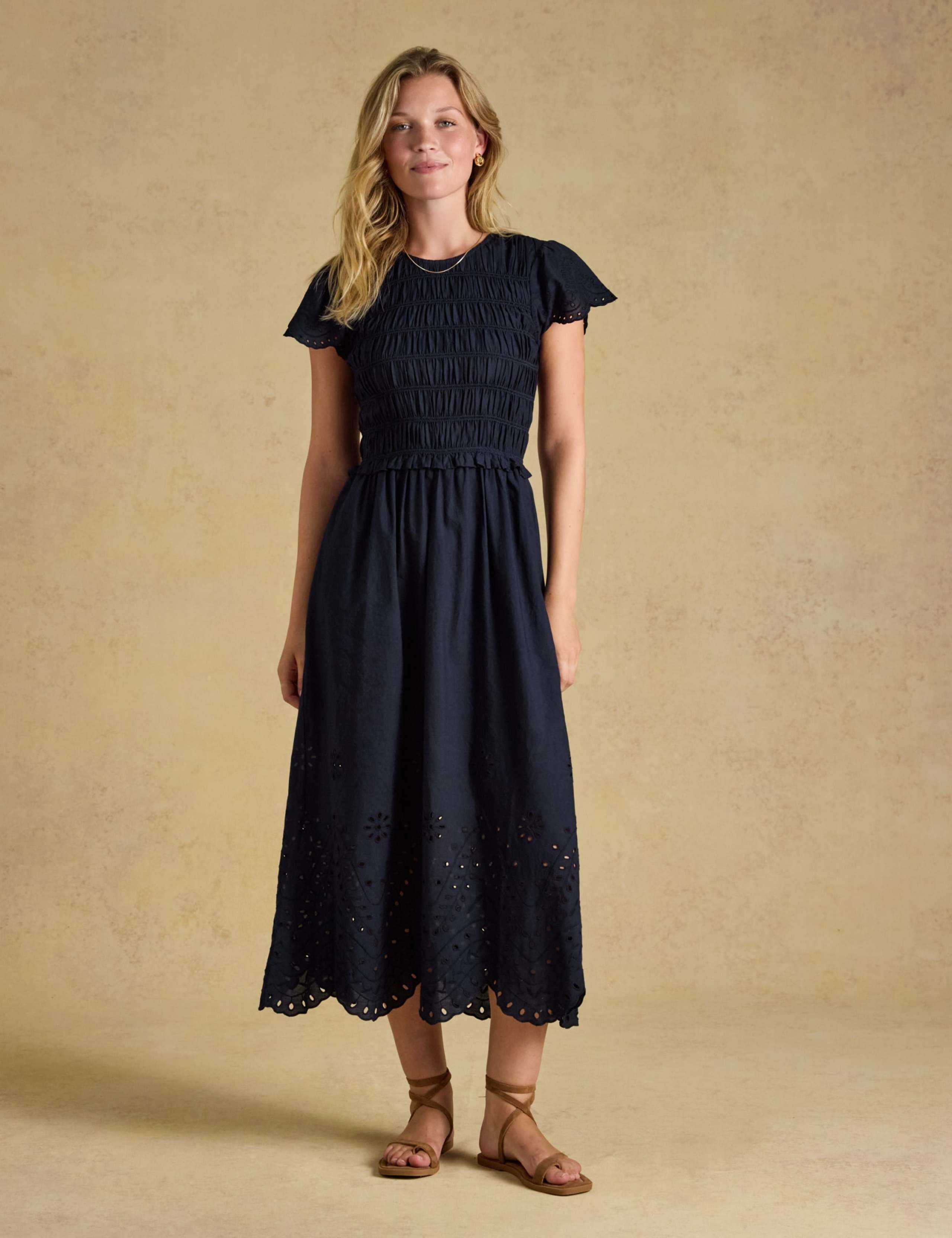 Pure Cotton Broderie Shirred Midi Dress