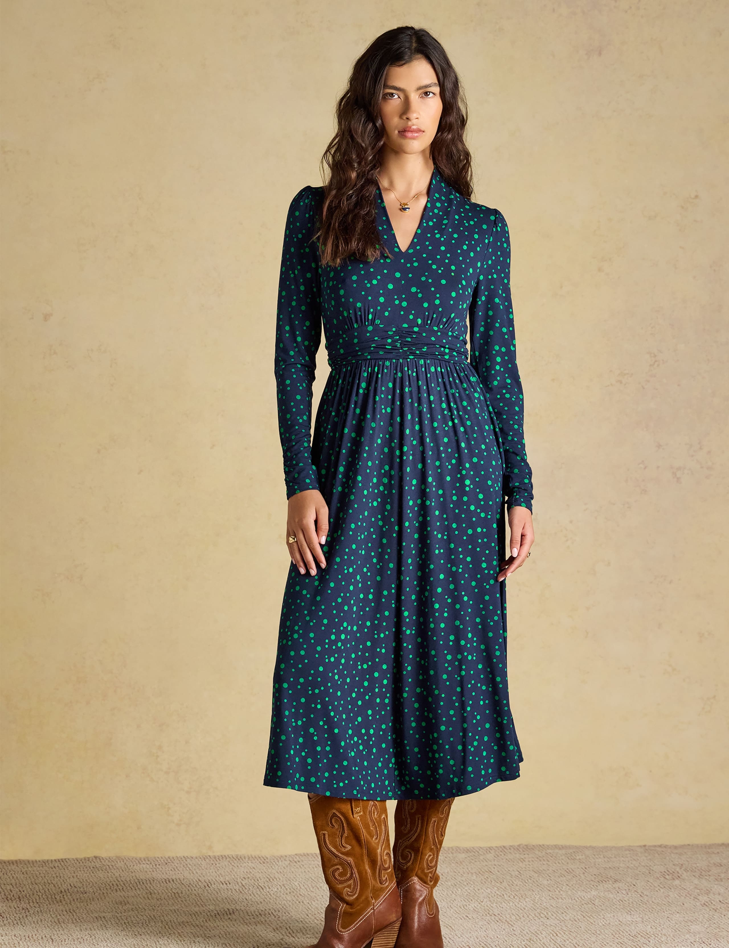 Jersey Spot Print V Neck Midi Skater Dress
