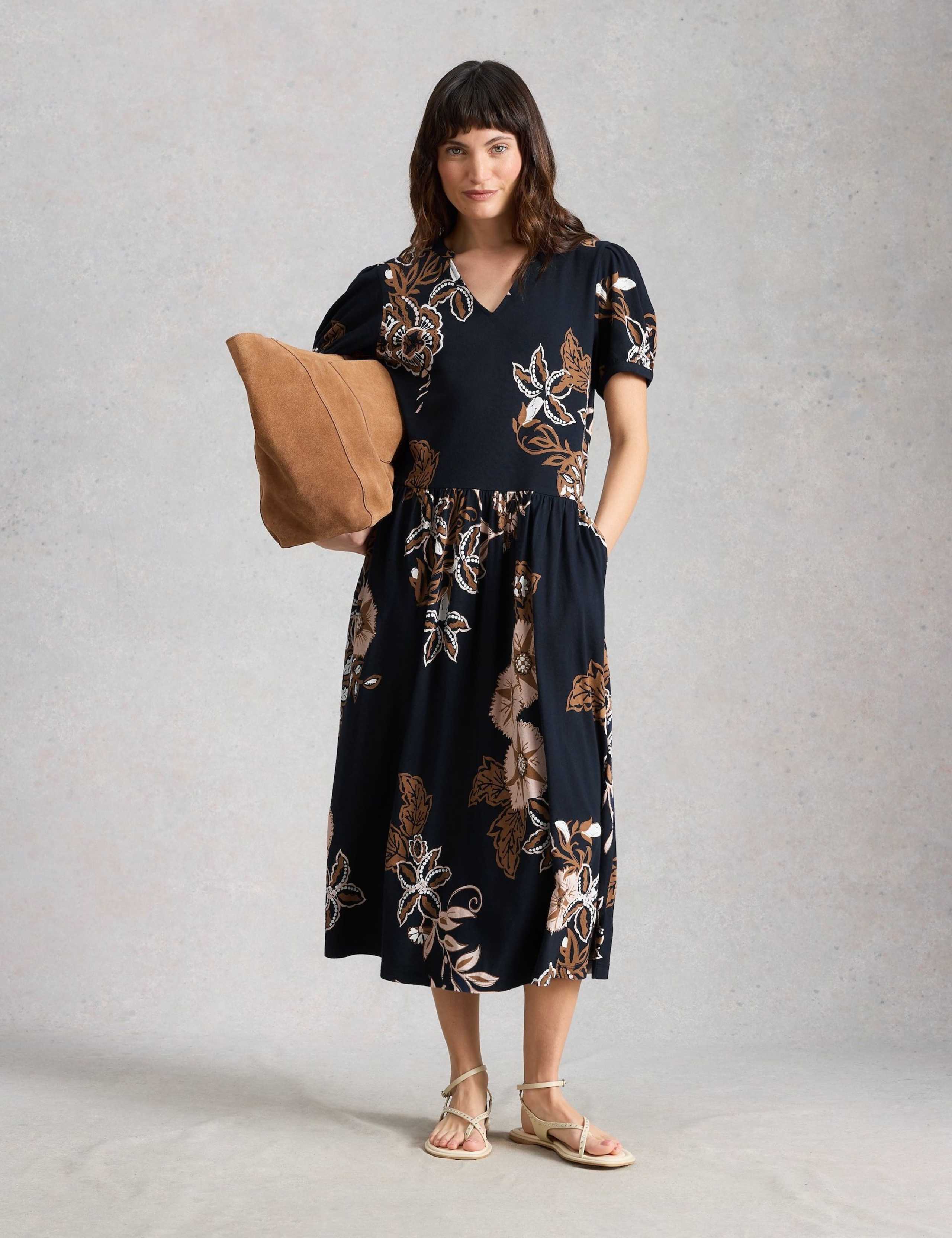 Cotton Blend Printed Midi Waisted Dress