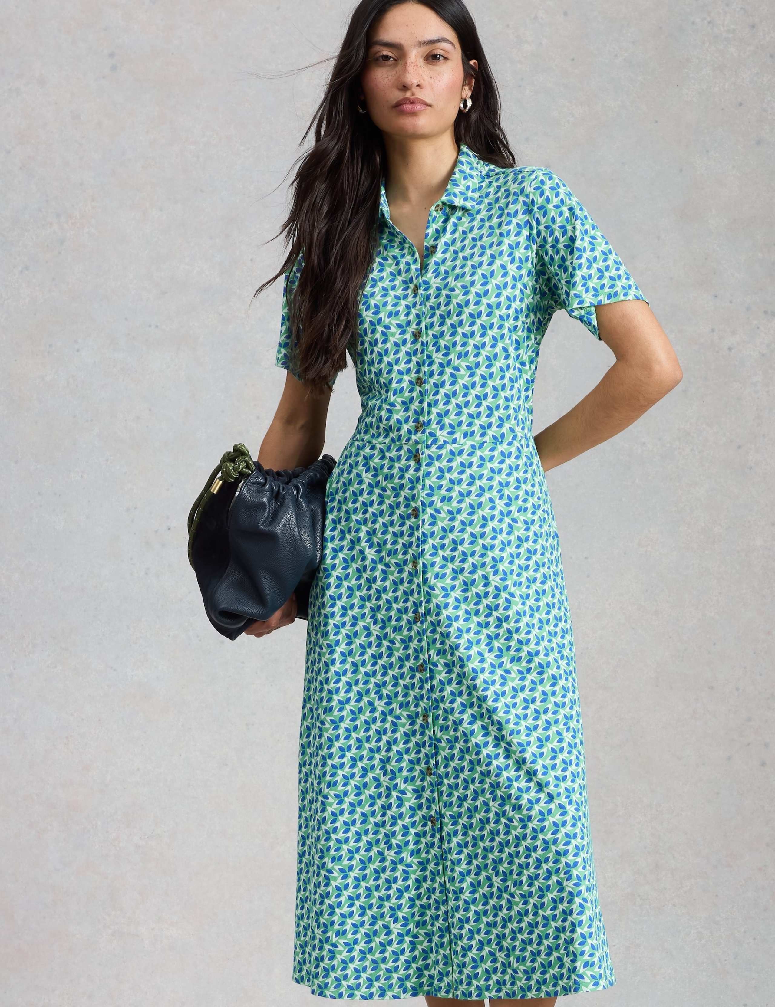 Jersey Floral Collared Midi Shirt Dress