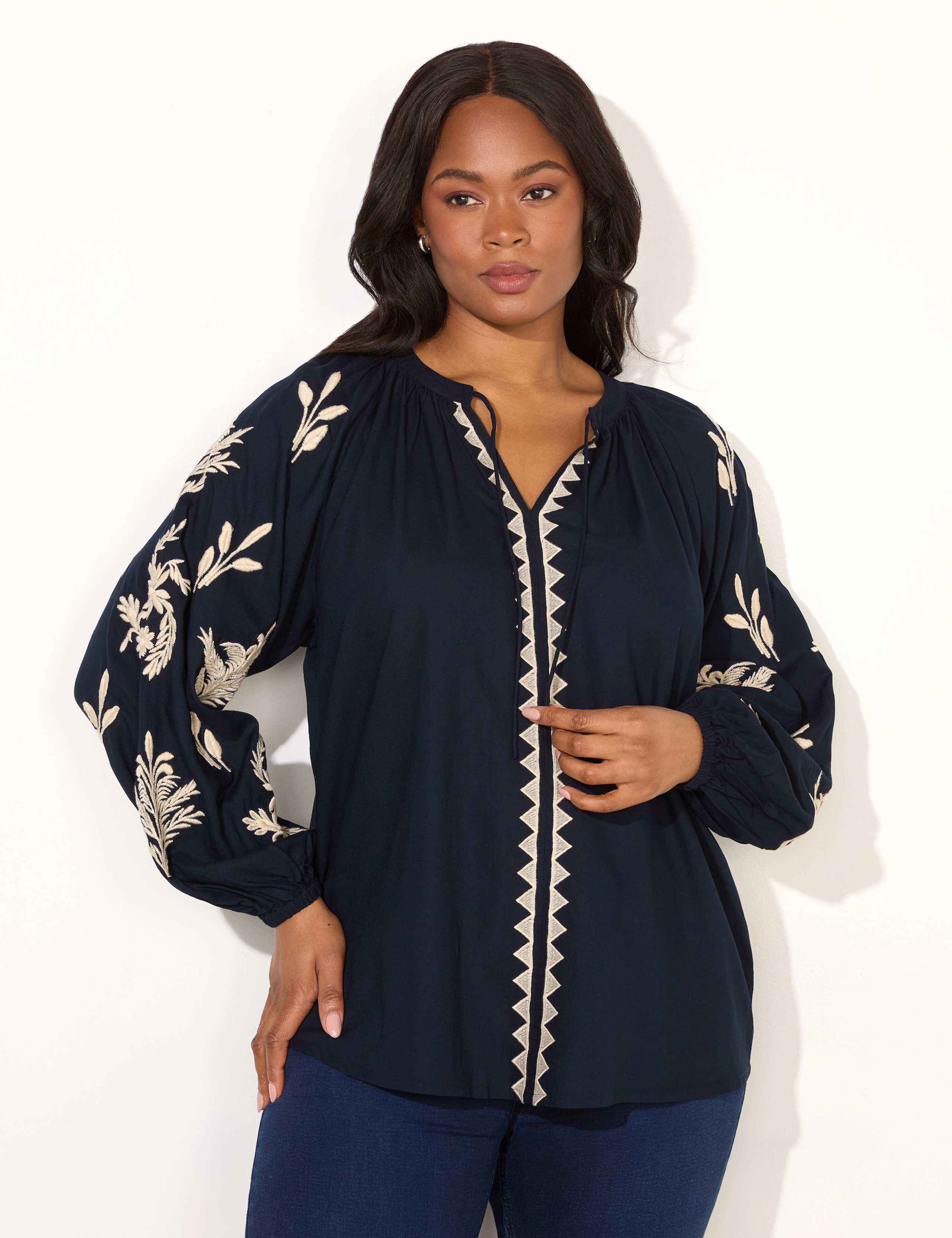 Embroidered Tie Neck Top