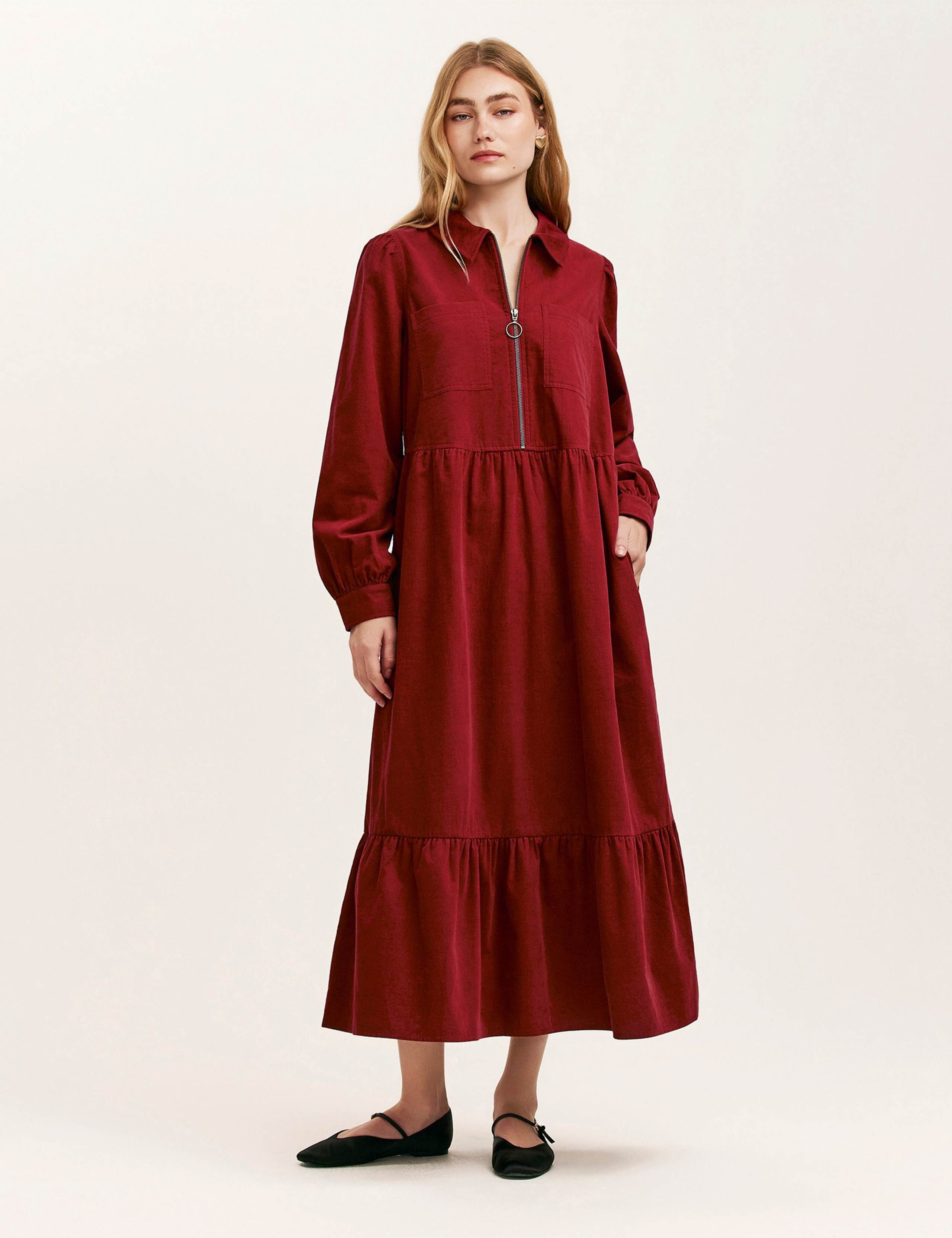 Cord Zip Neck Midi Tiered Dress