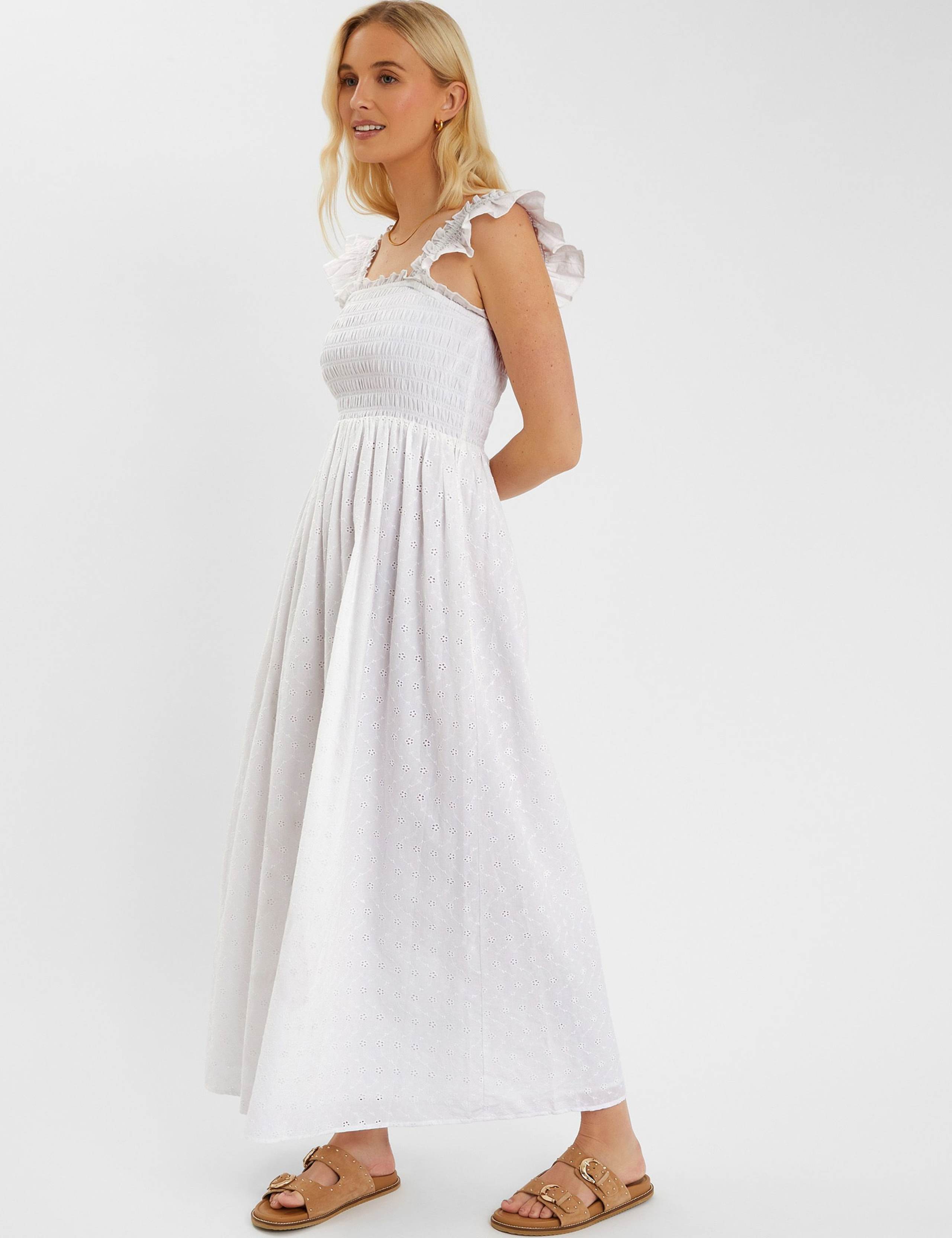 Pure Cotton Shirred Broderie Maxi Dress