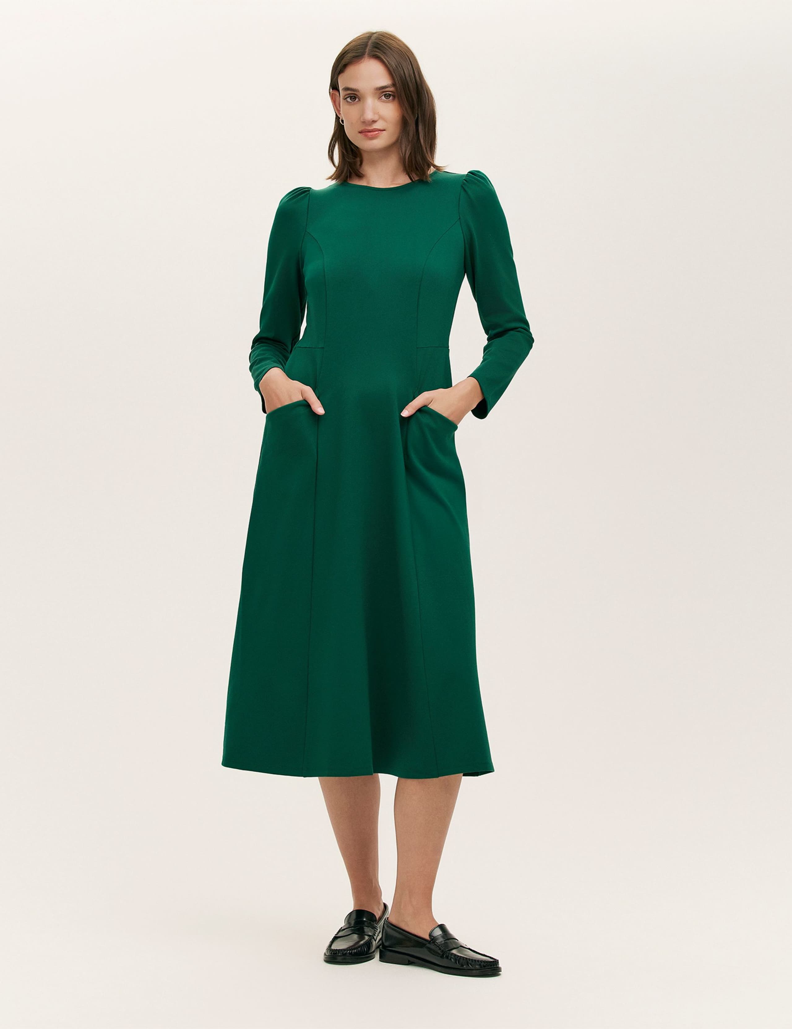 Ponte Jersey Puff Sleeve Midi Skater Dress