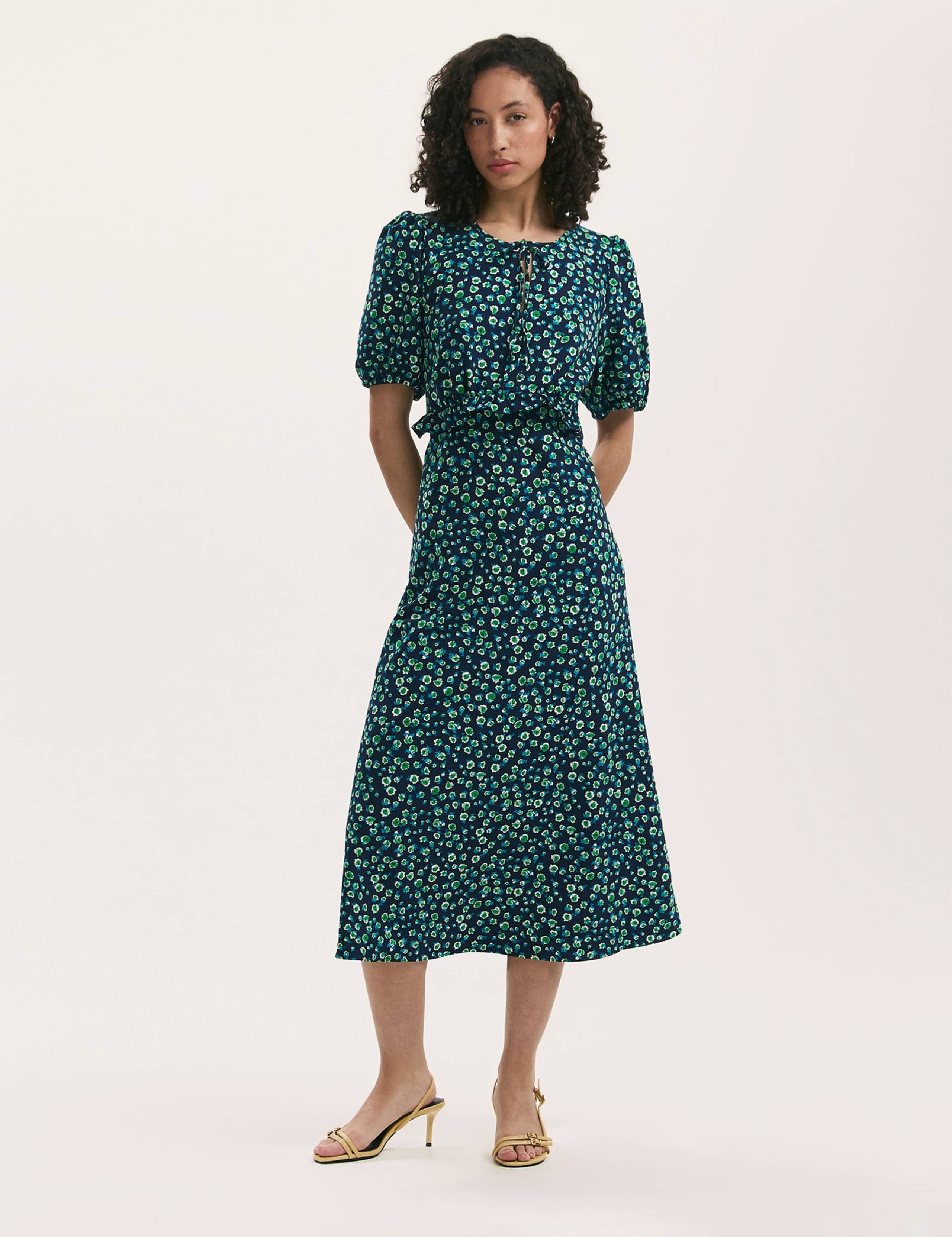 Floral Tie Neck Midi Tea Dress