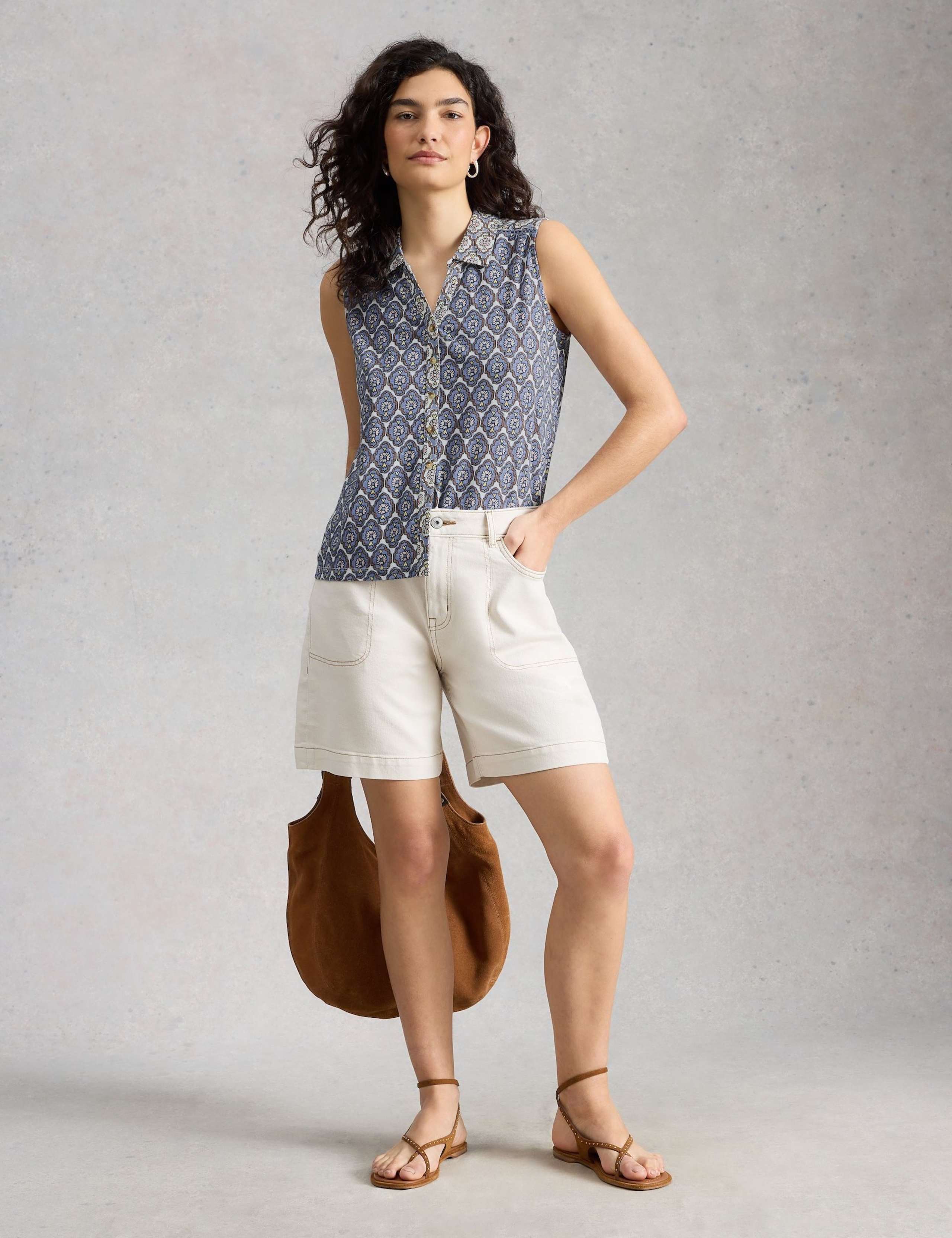 Pure Cotton Geometric Sleeveless Shirt