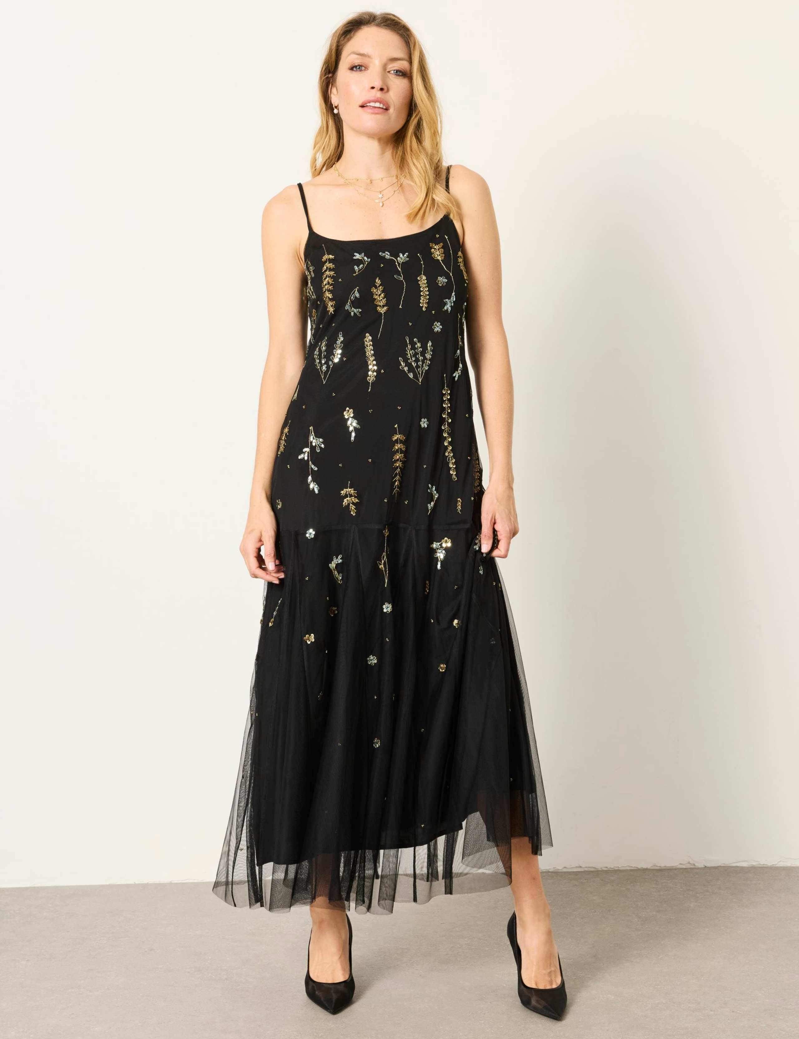 Beaded Square Neck Strappy Maxi Tea Dress
