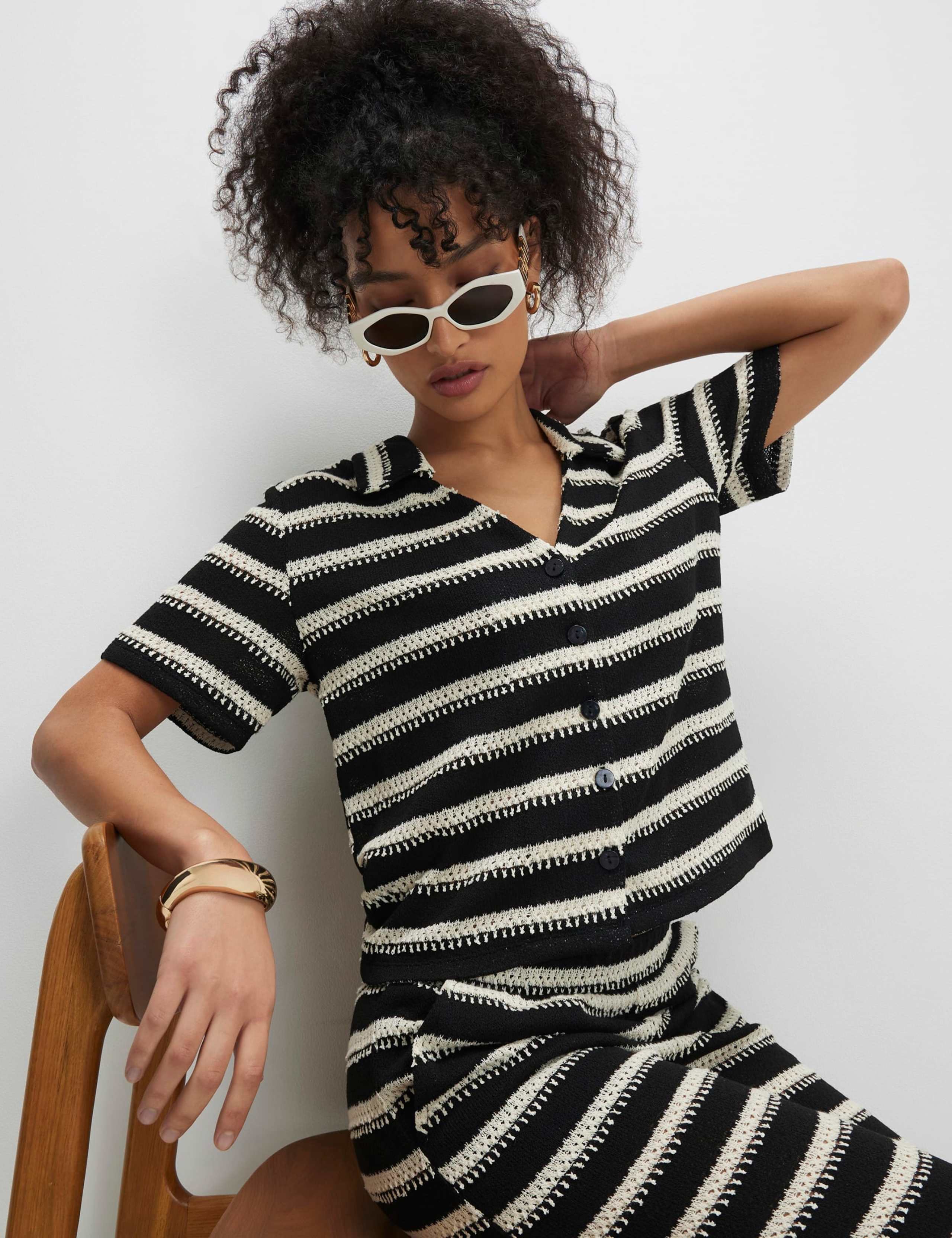 Striped Textured Collared Shirt with Cotton
