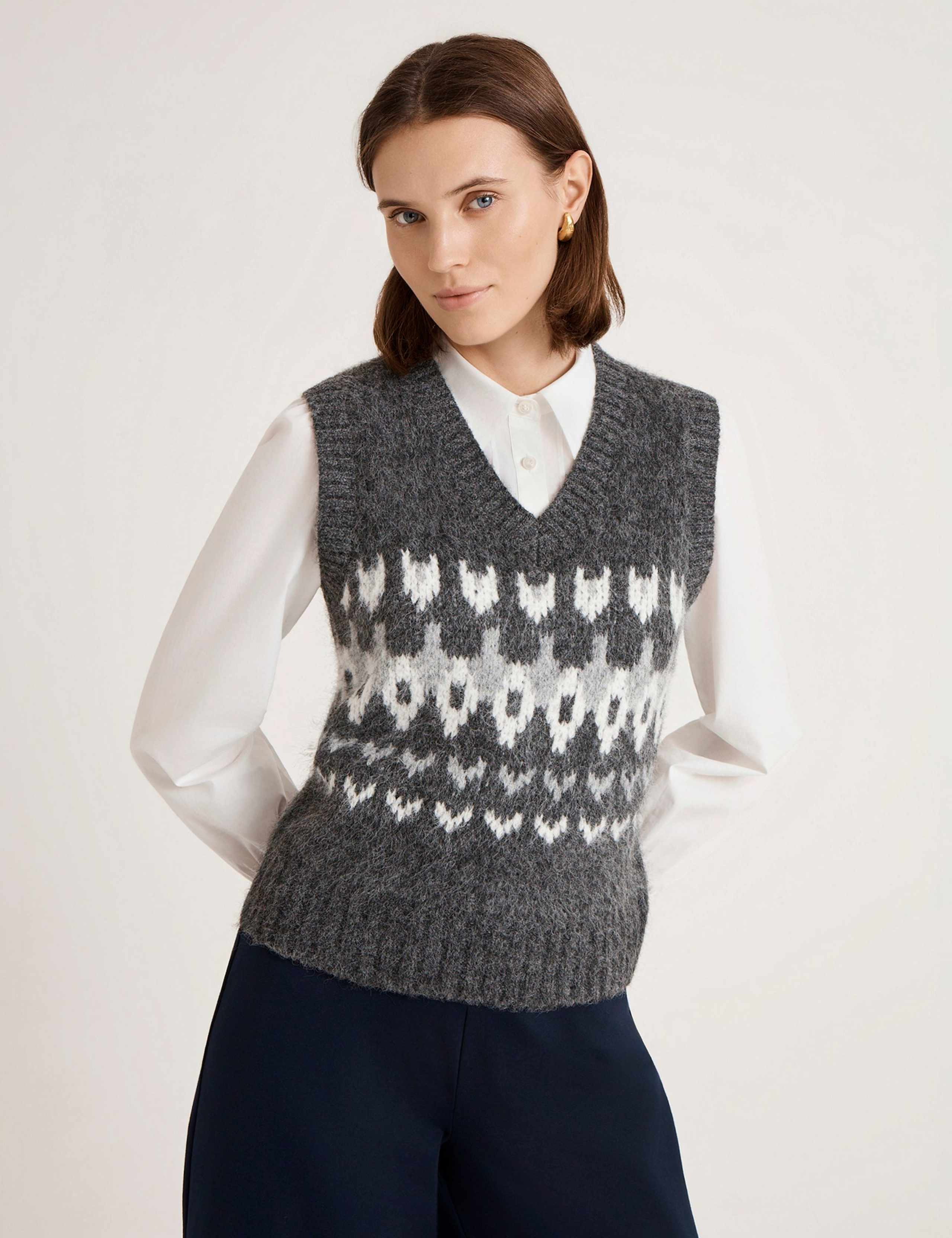 Fair Isle V-Neck Knitted Vest with Wool