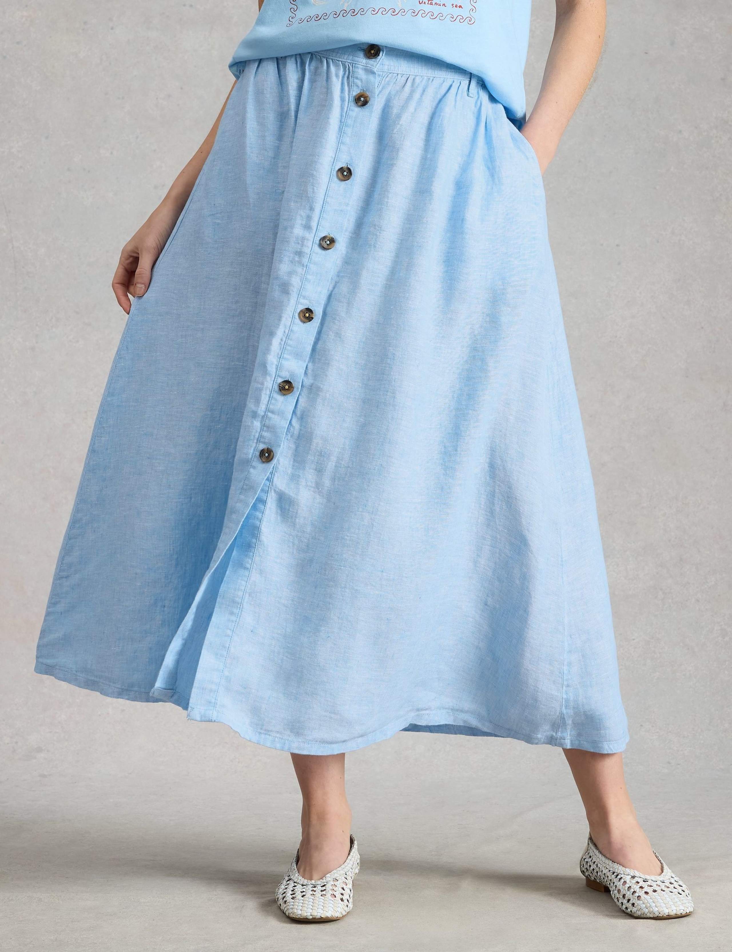 Pure Linen Button Front Midi A-Line Skirt