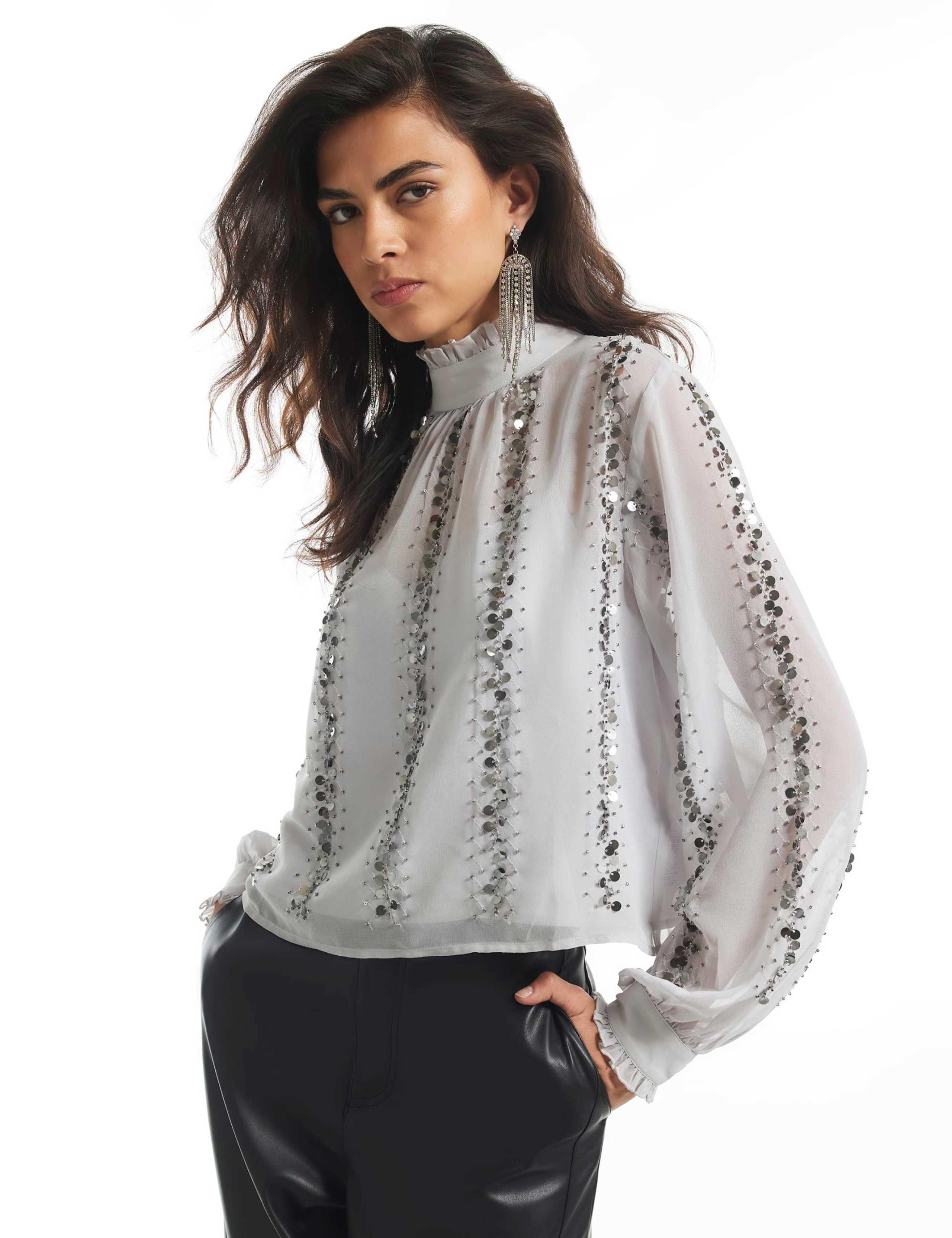 Sequin Roll Neck Tie Back Top