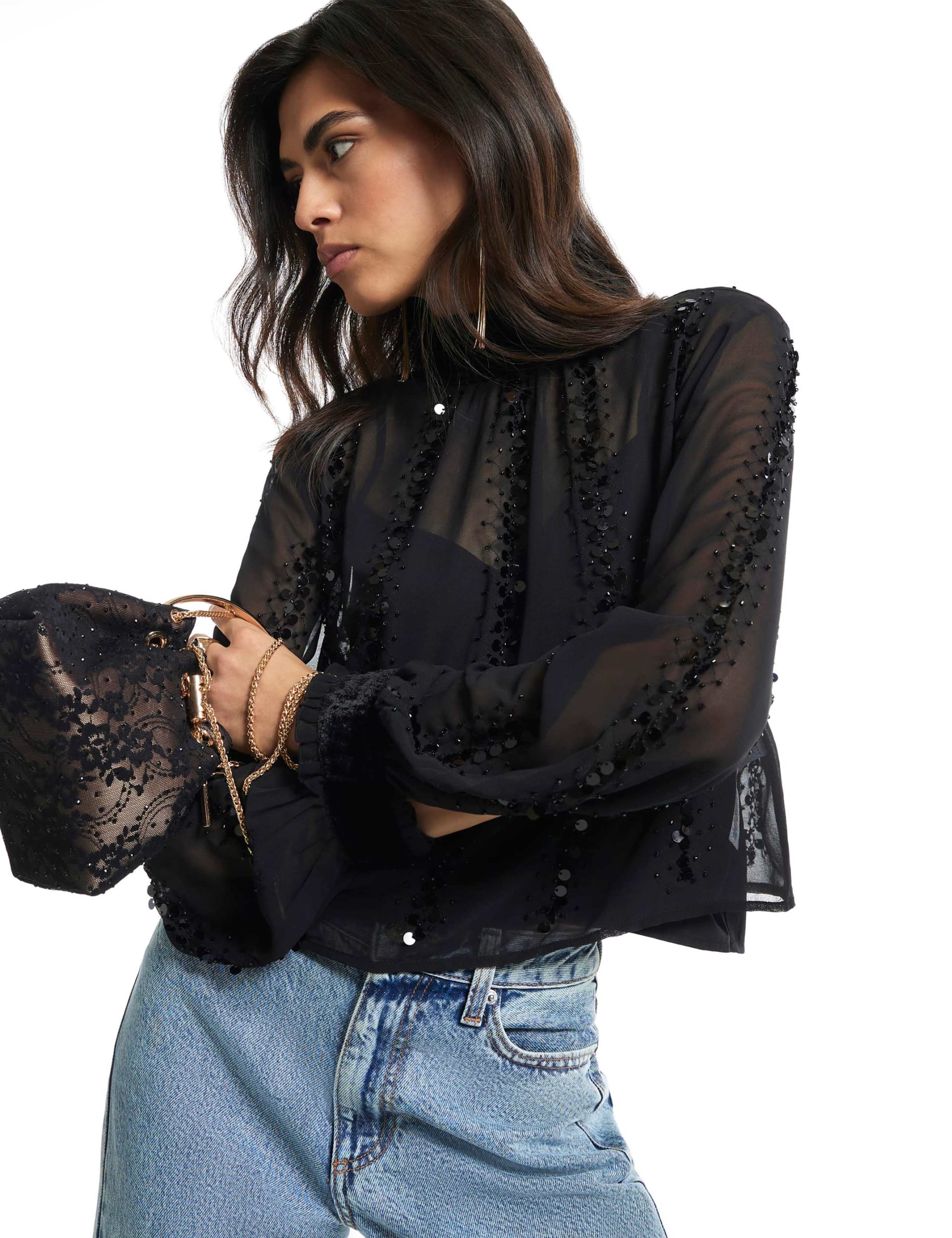 Sequin Roll Neck Tie Back Top