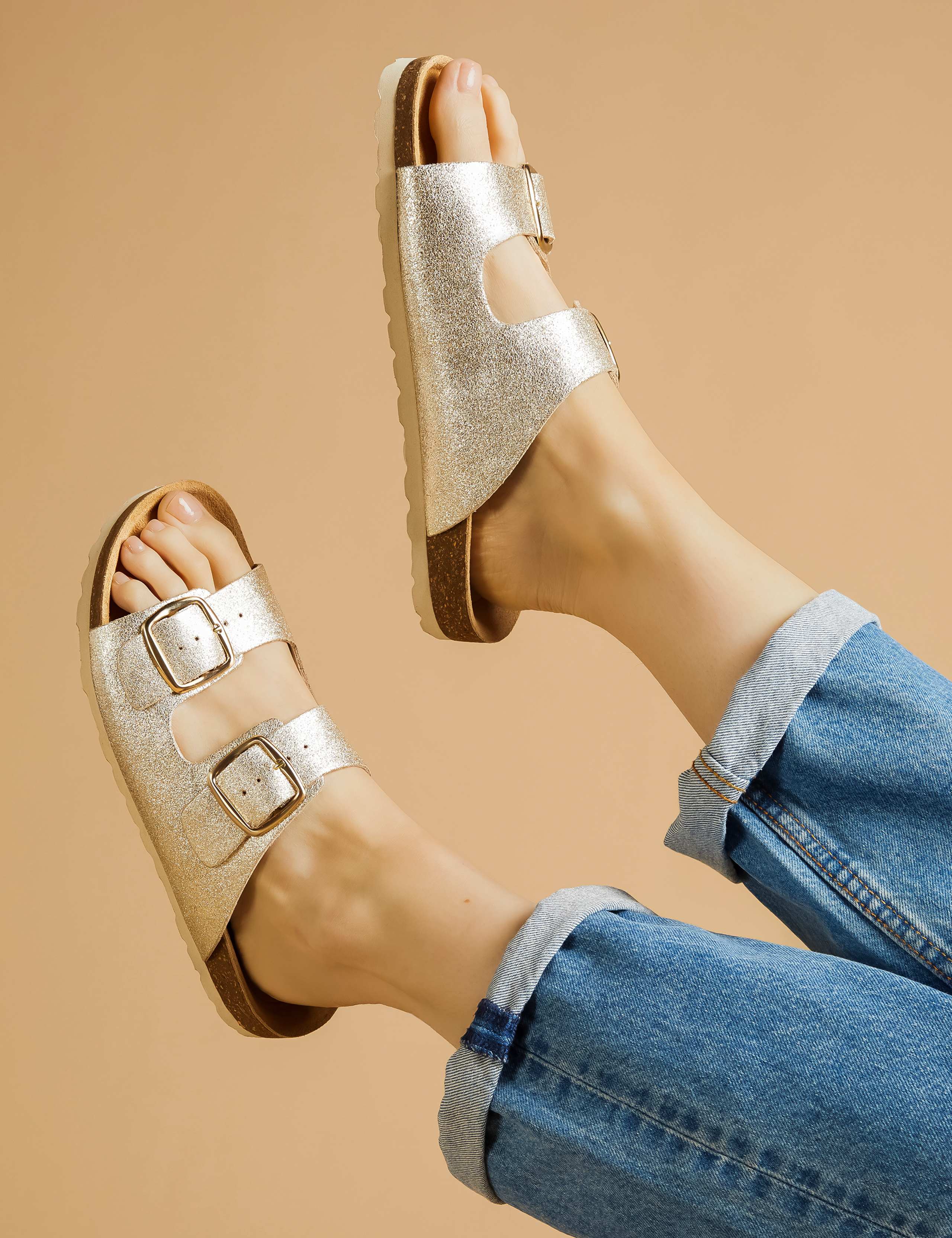 Leather Metallic Buckle Flat Sandals