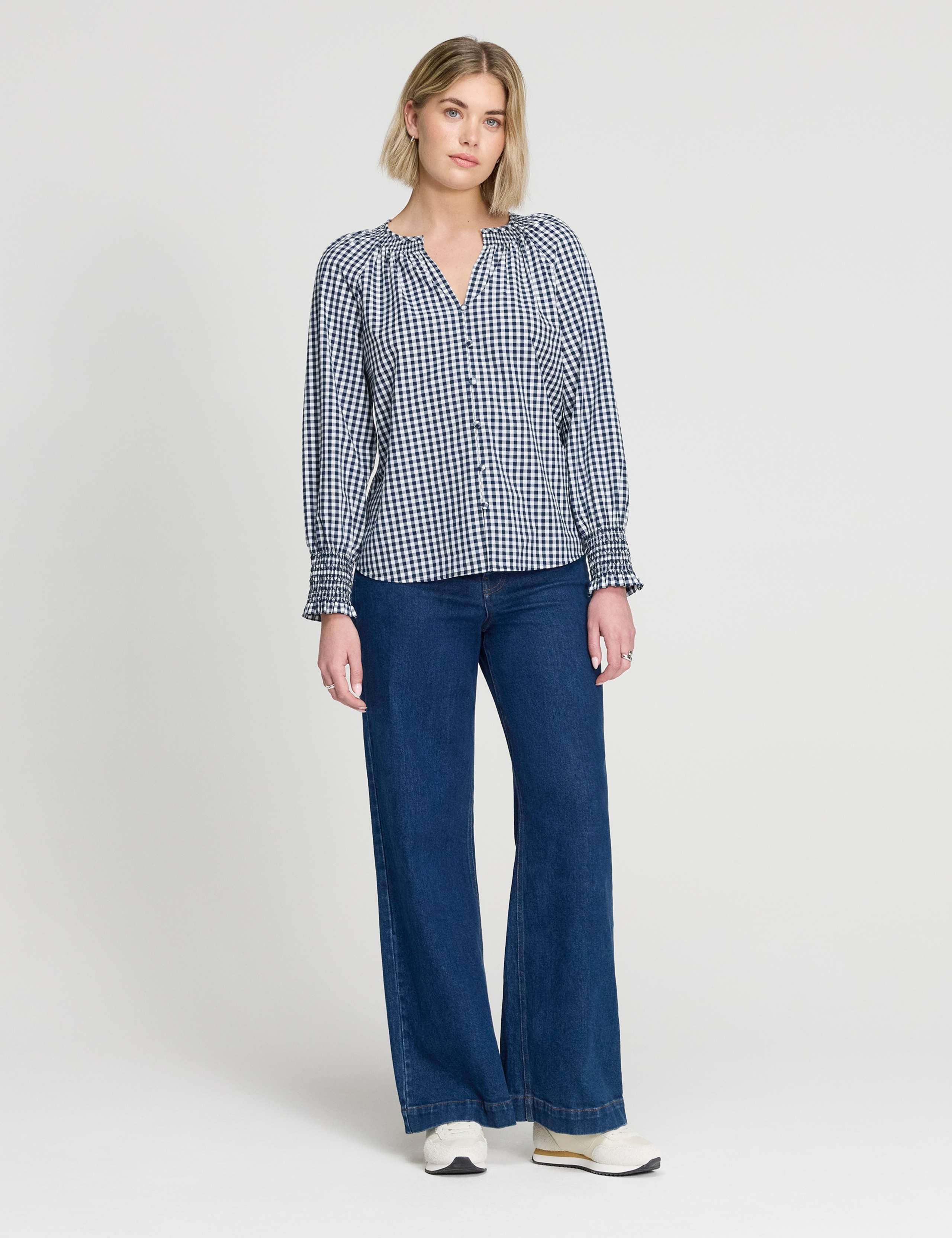 Pure Cotton Gingham V-Neck Blouse