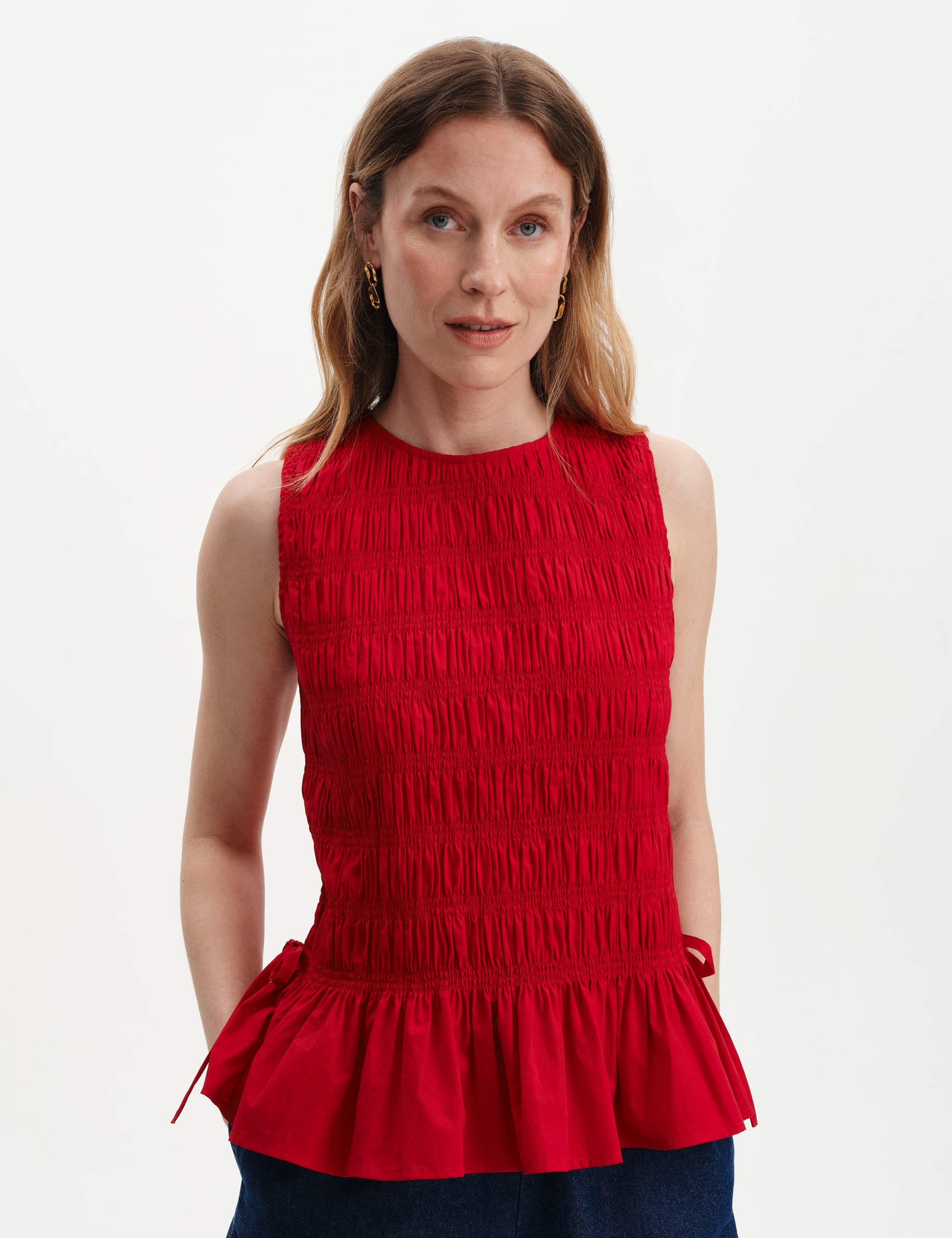 Pure Cotton Shirred Peplum Top