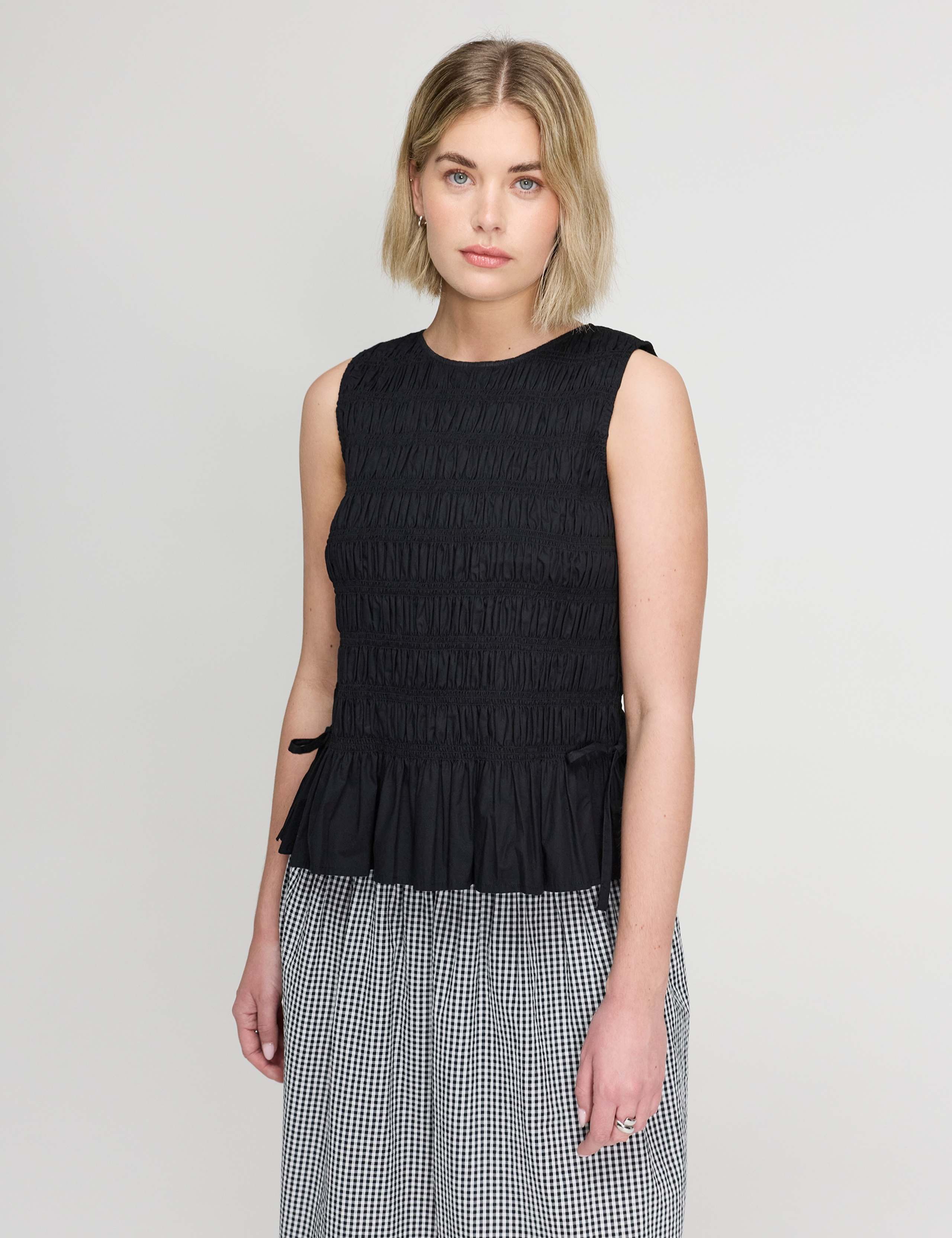 Pure Cotton Shirred Peplum Top
