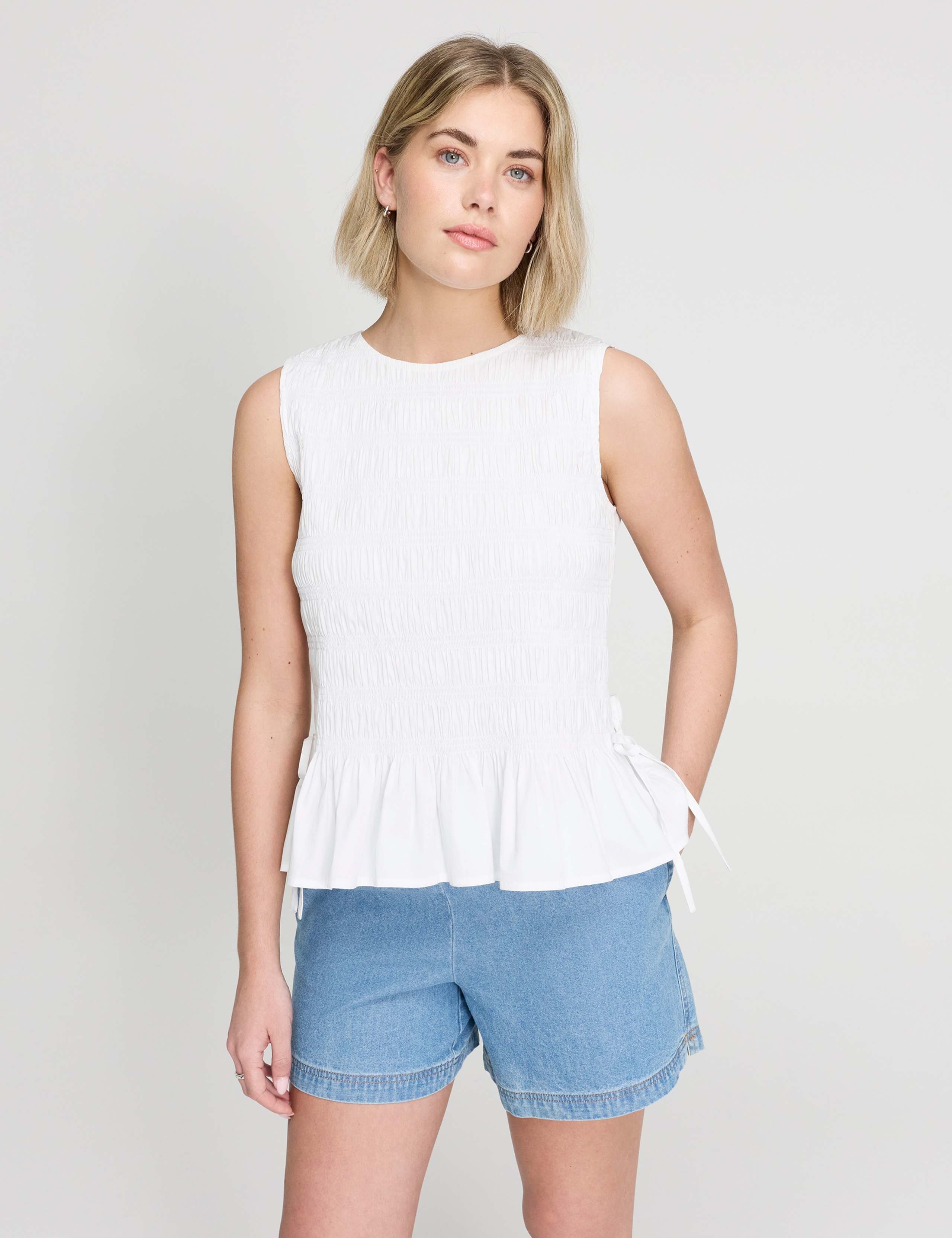 Pure Cotton Shirred Peplum Top