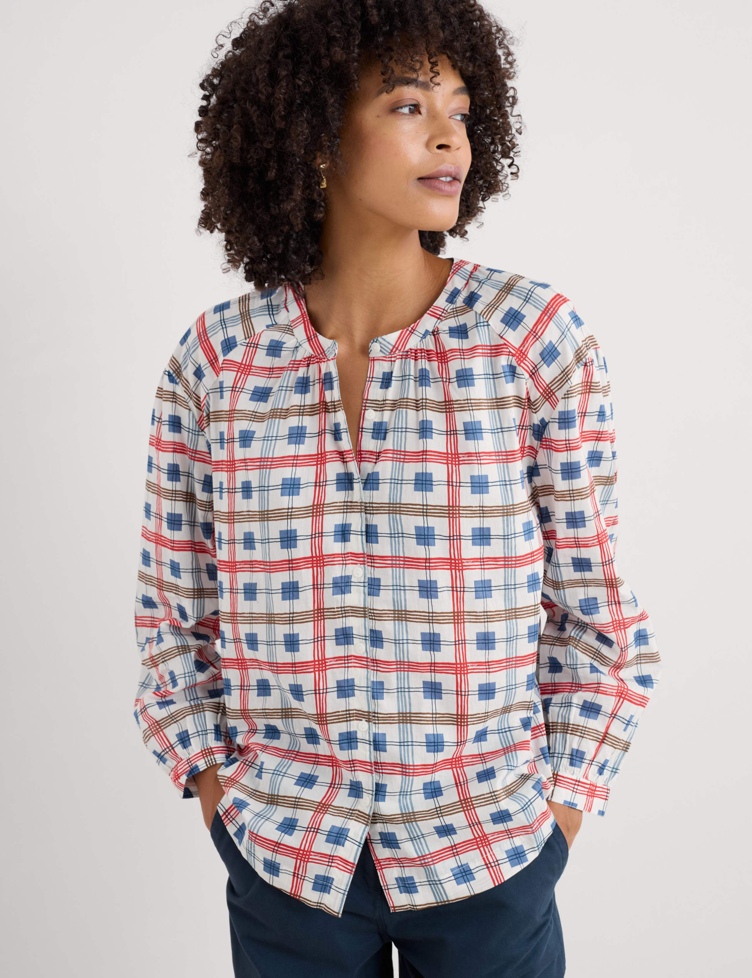 Pure Cotton Checked Round Neck Button Through Shirt