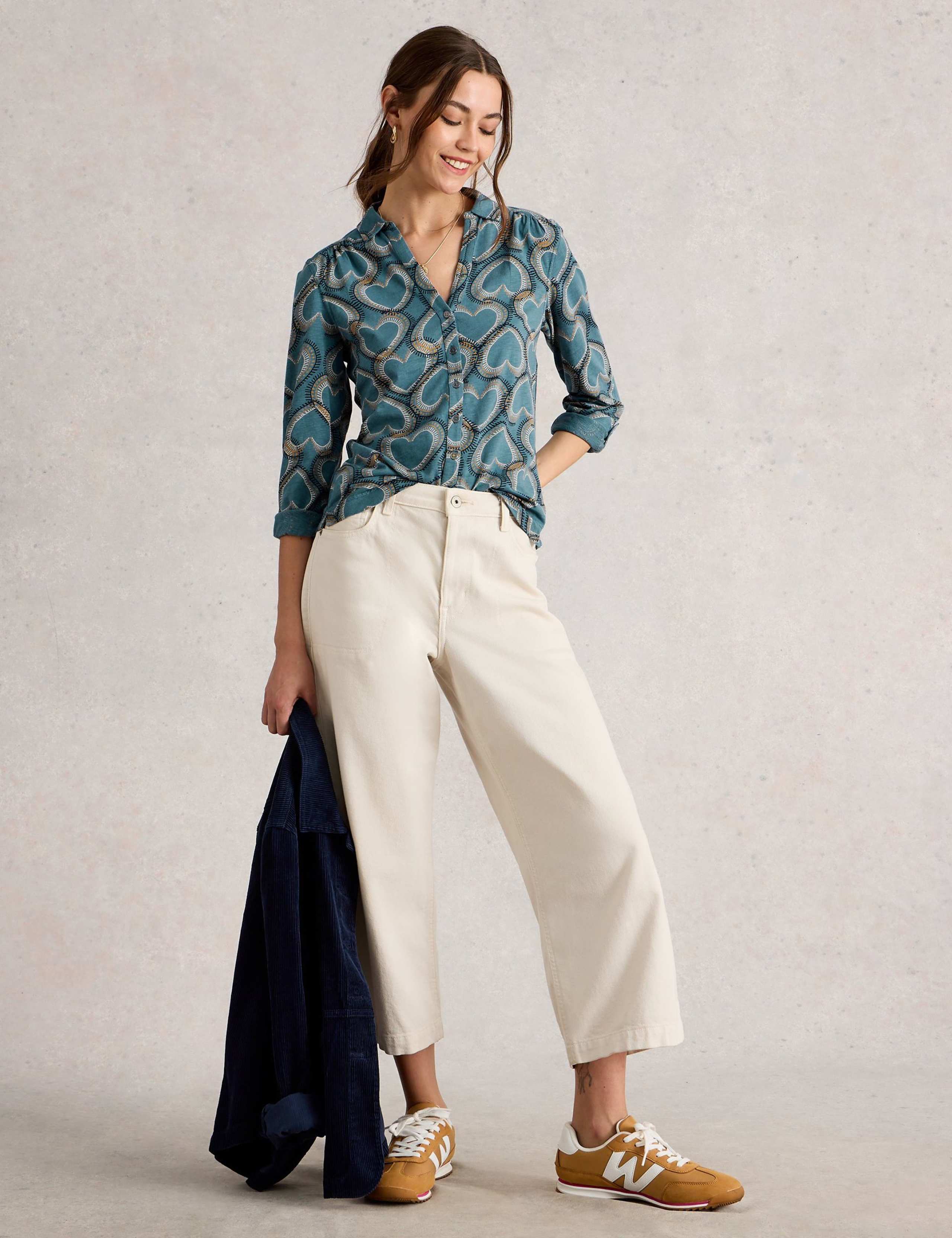 Pure Cotton Jersey Leaf Print Collared Shirt