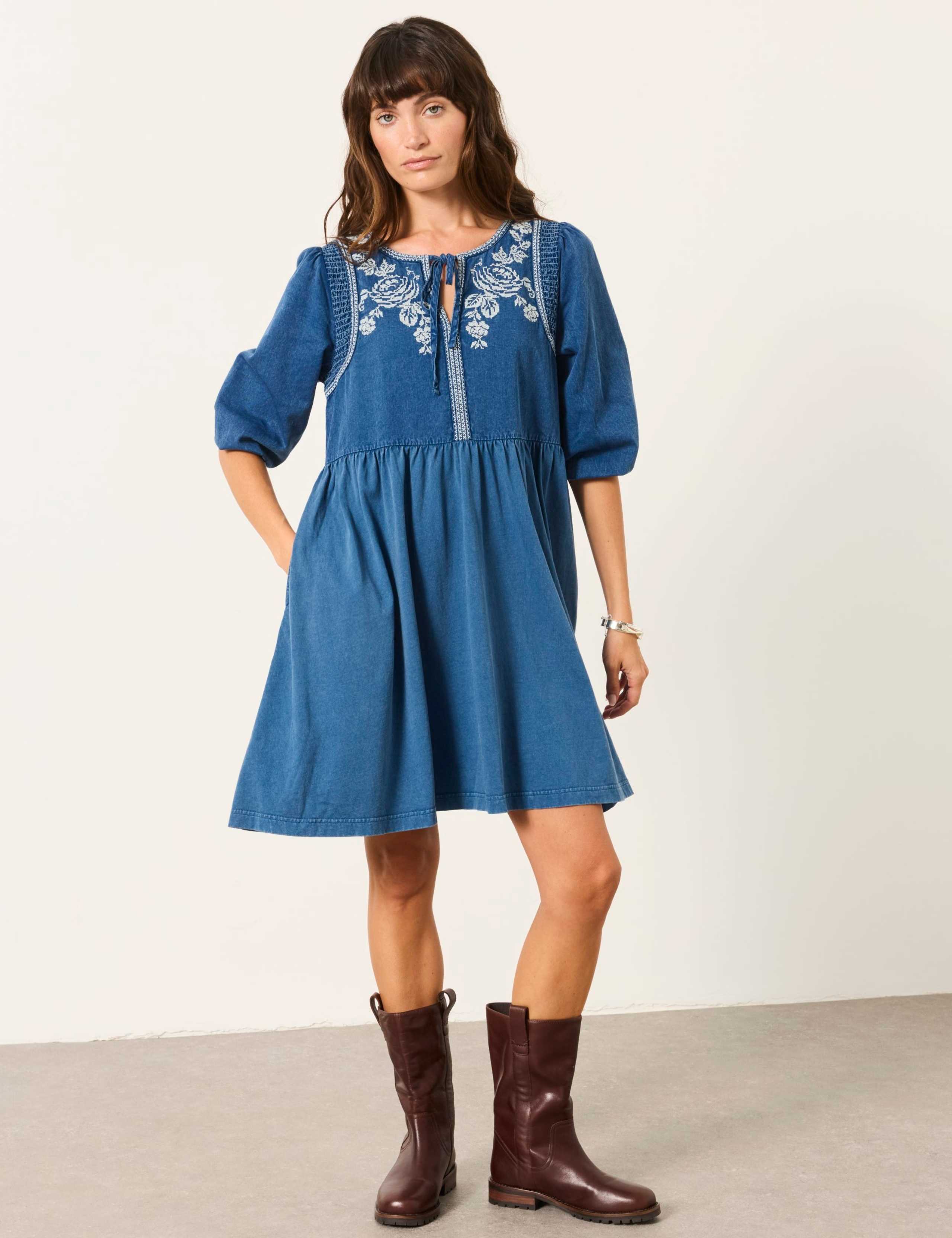 Pure Cotton Embroidered Mini Waisted Dress