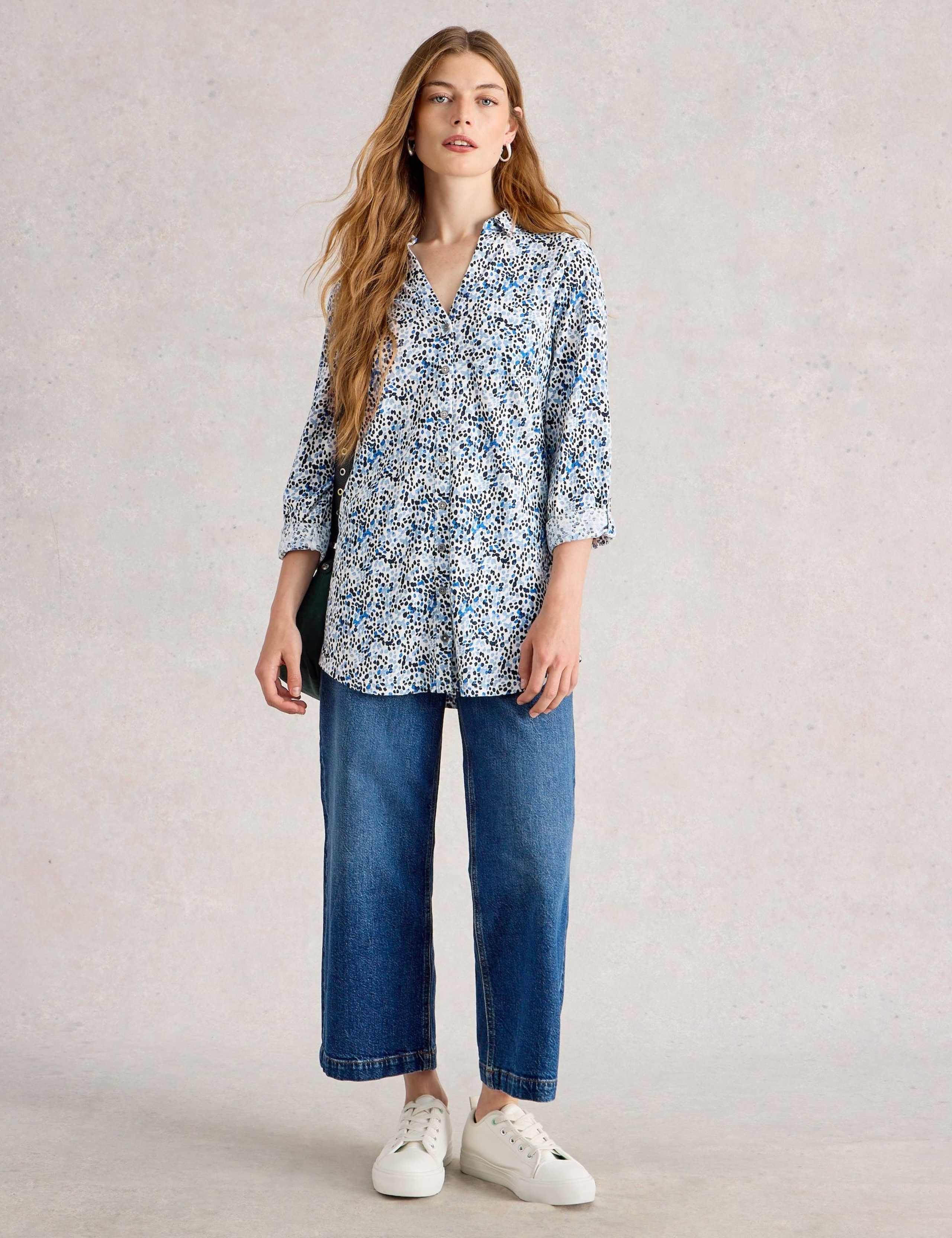 Pure Cotton Printed V-Neck Longline Shirt