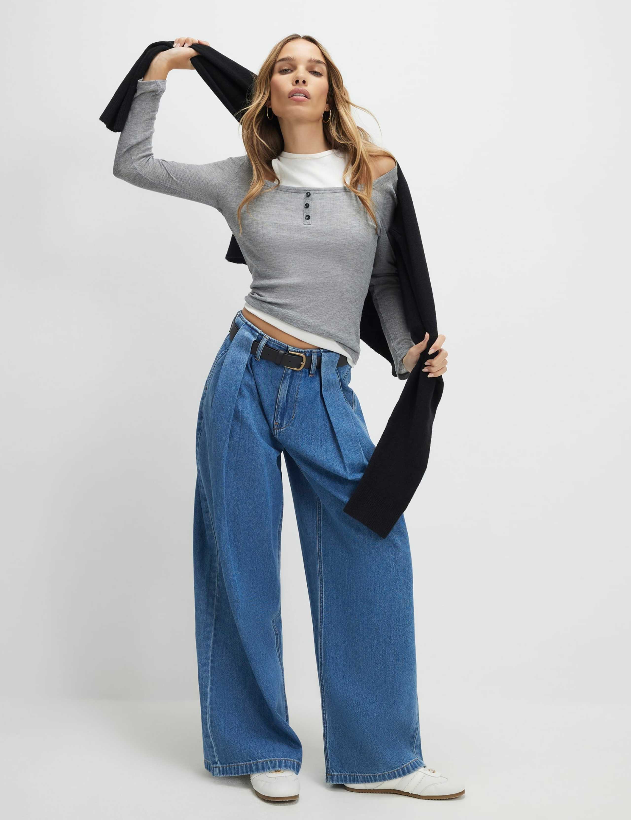 High Waisted Belted Pleated Wide Leg Jeans