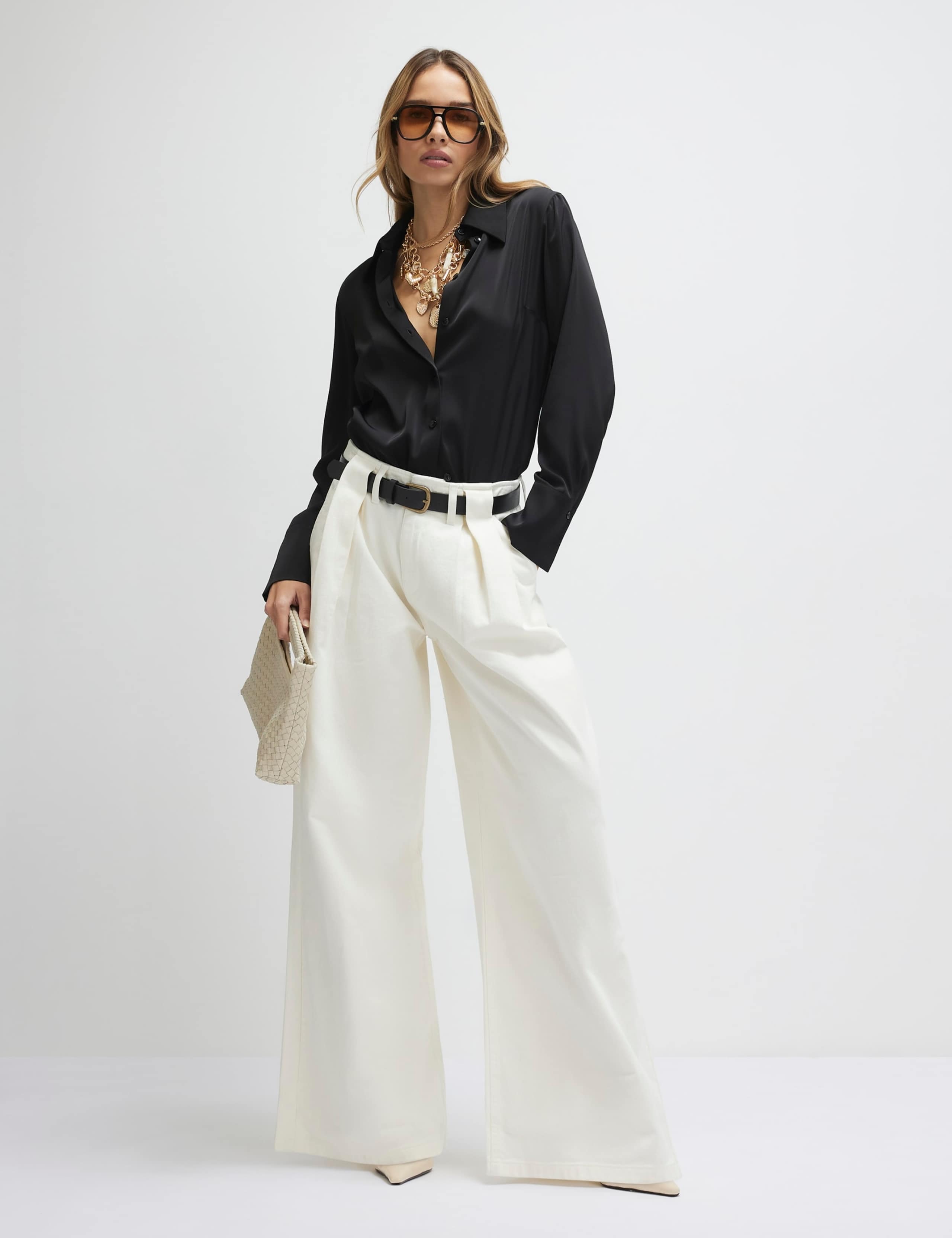 High Waisted Belted Pleated Wide Leg Jeans
