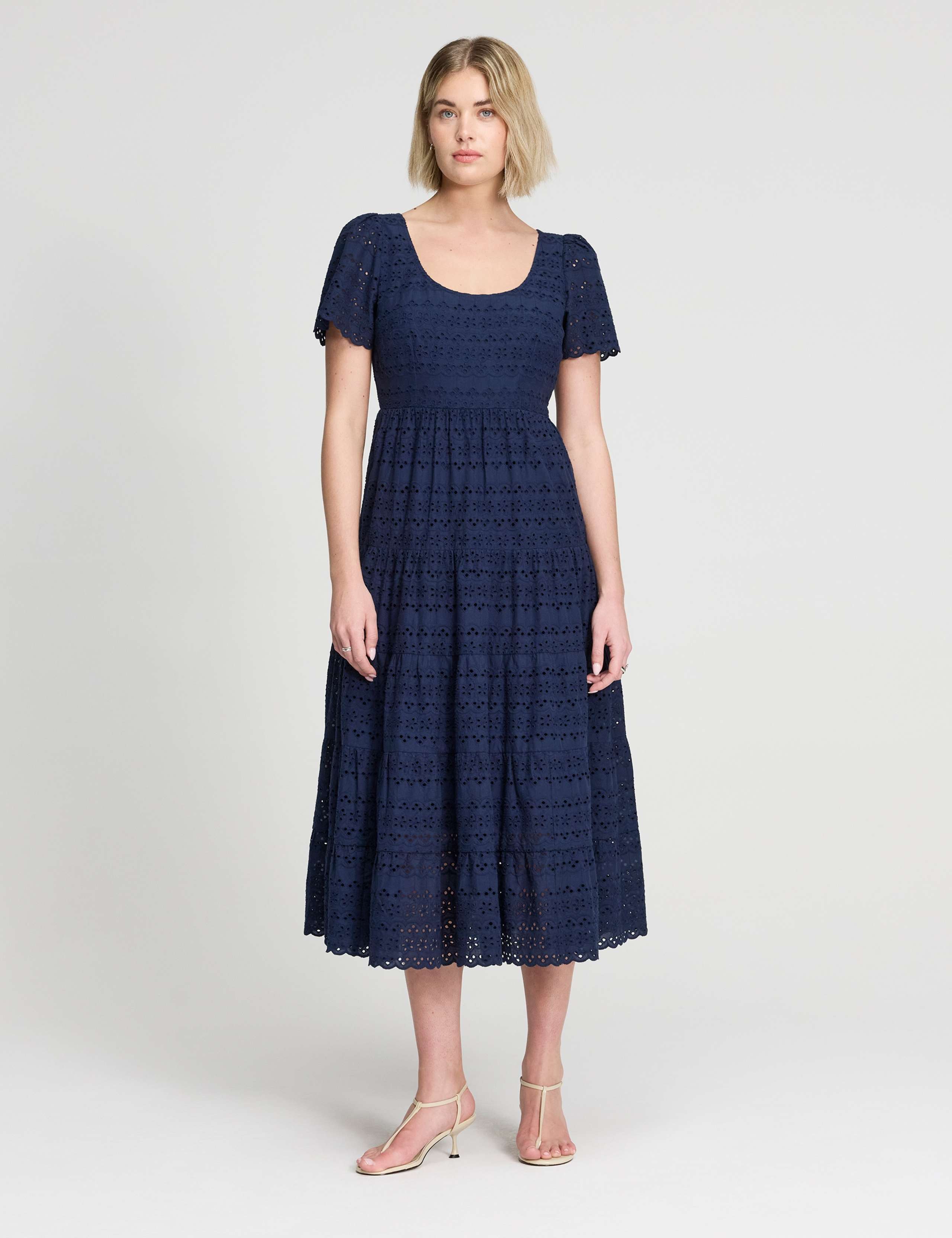 Pure Cotton Broderie Scoop Neck Midi Dress