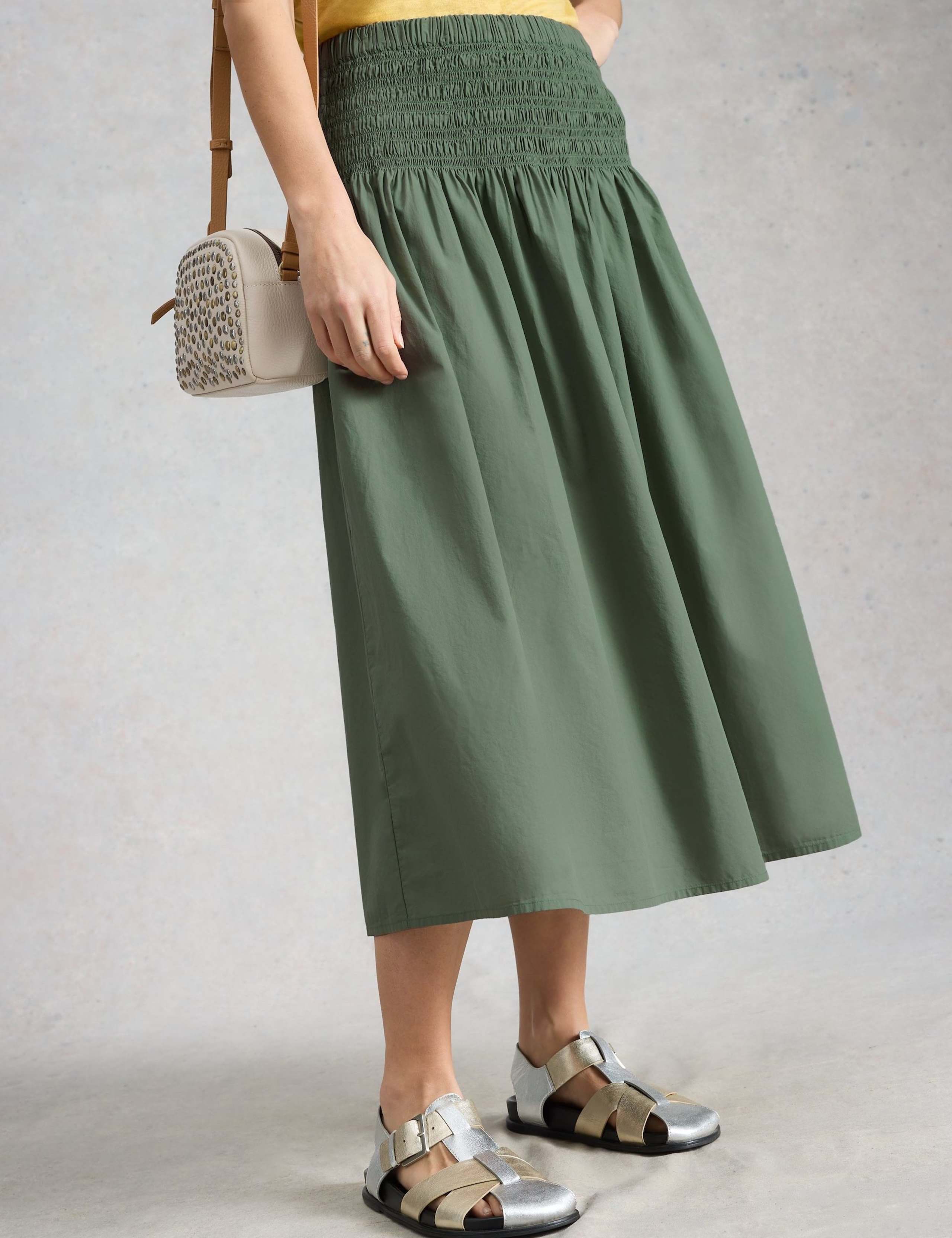 Pure Cotton Shirred Midi A-Line Skirt