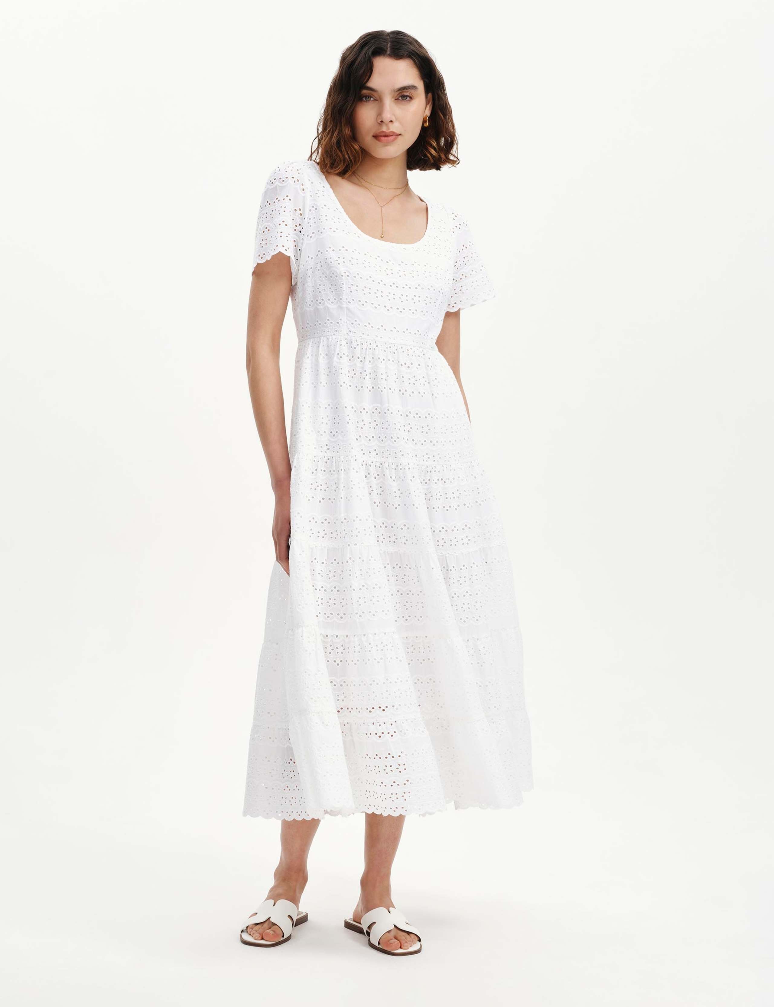 Pure Cotton Broderie Midi Waisted Dress