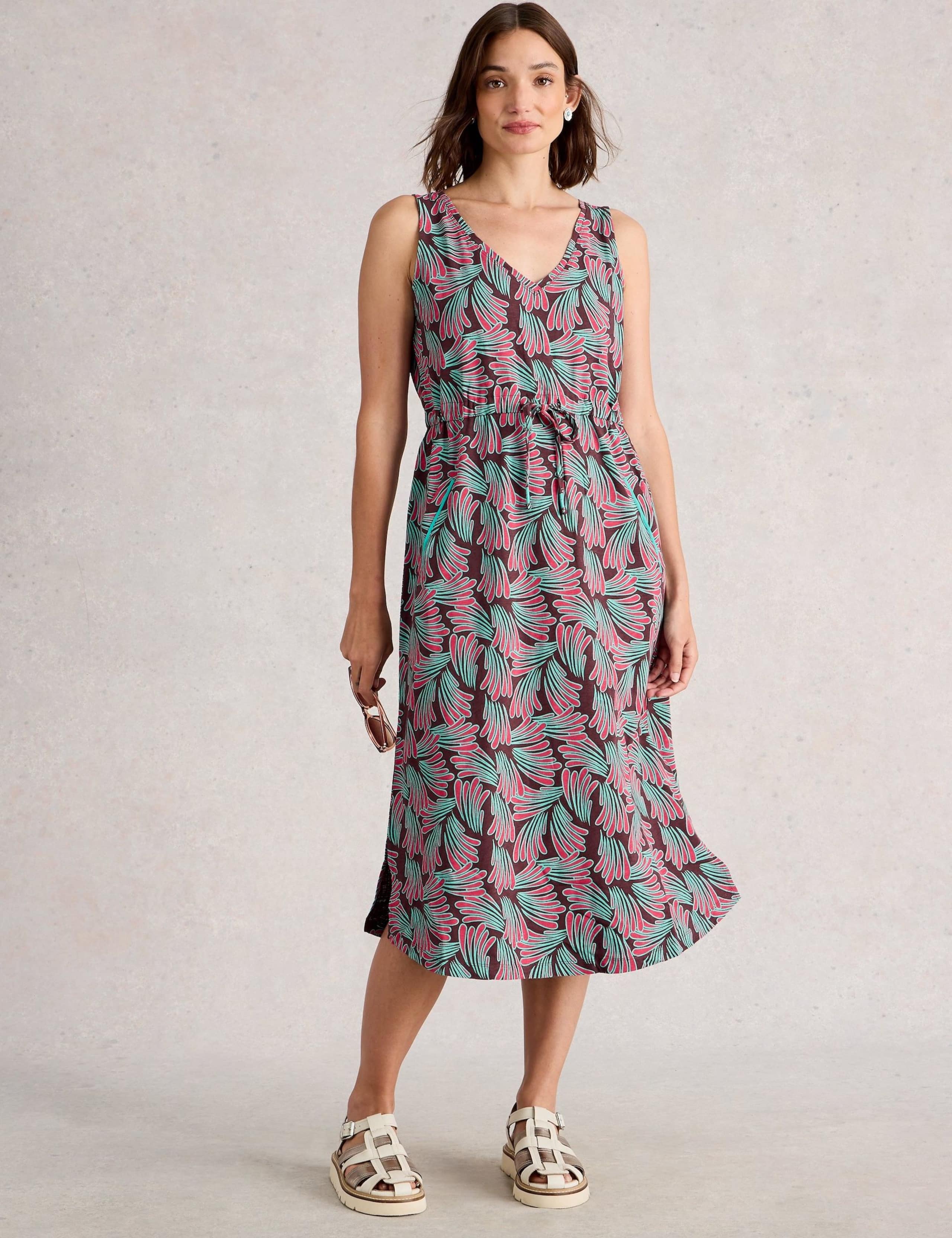 Pure Cotton Printed V-Neck Midi Waisted Dress