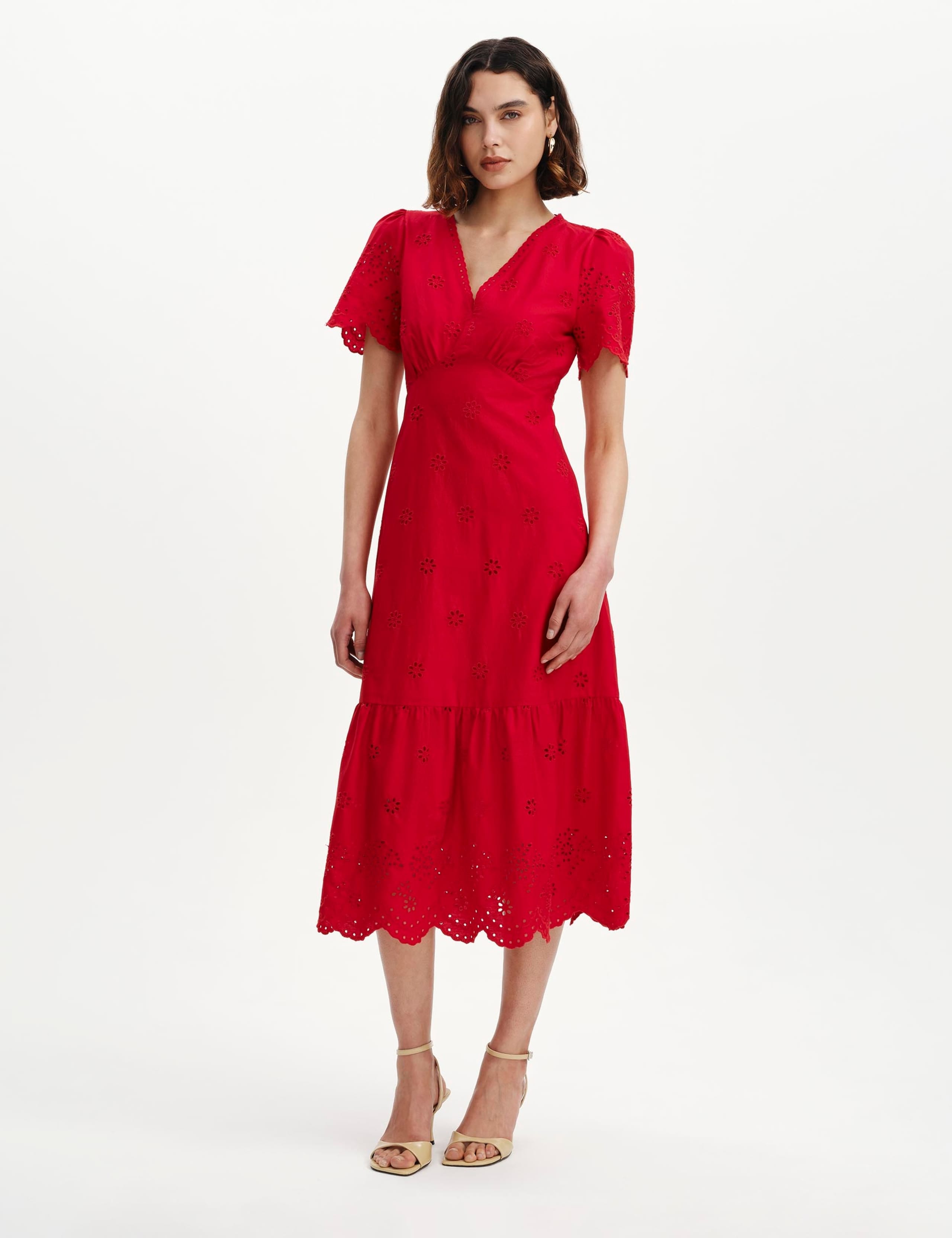 Pure Cotton Embroidered V-Neck Midi Dress