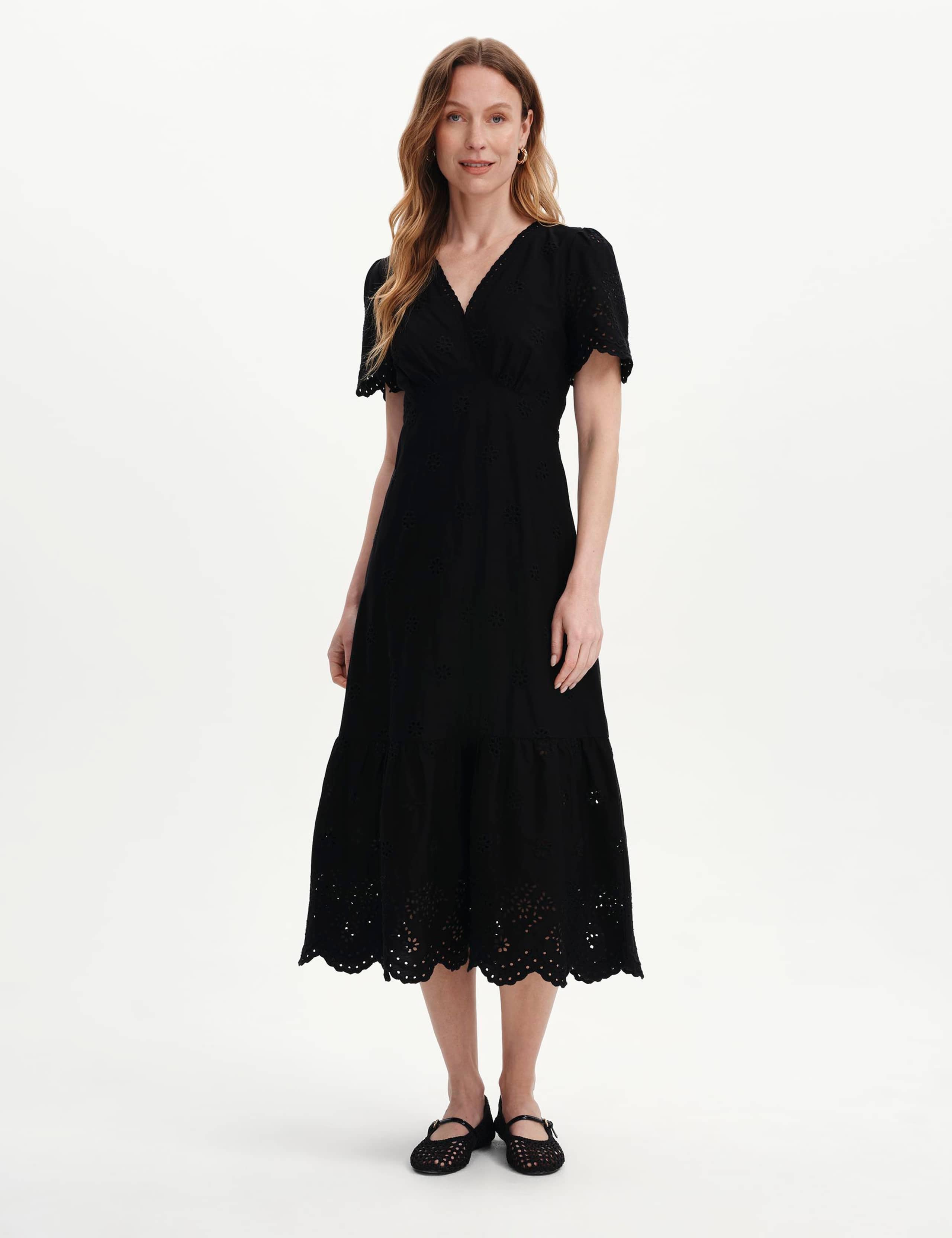 Pure Cotton Embroidered V-Neck Midi Dress