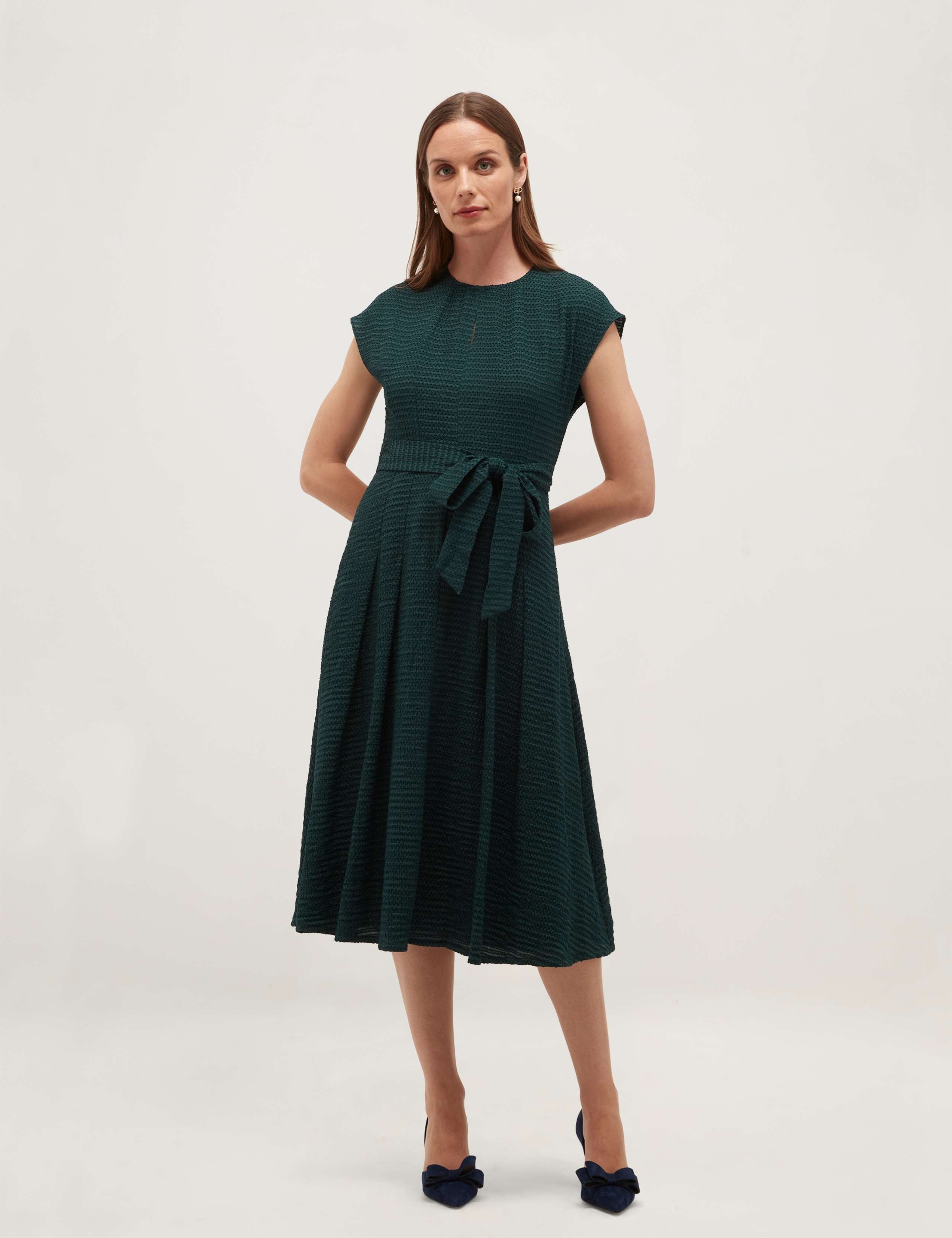 Textured Tie Waist Knee Length Skater Dress