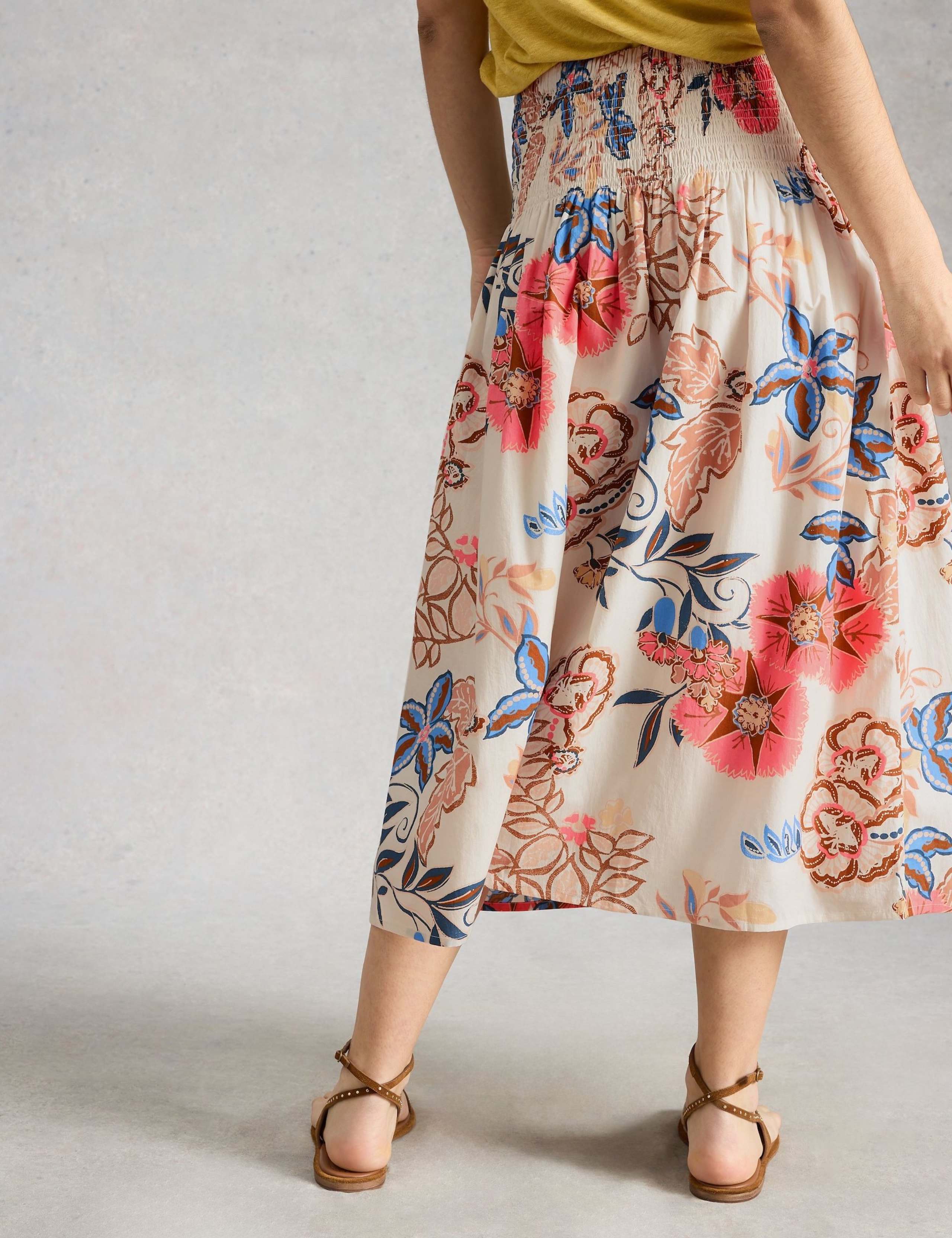 Pure Cotton Floral Shirred Midi Skirt