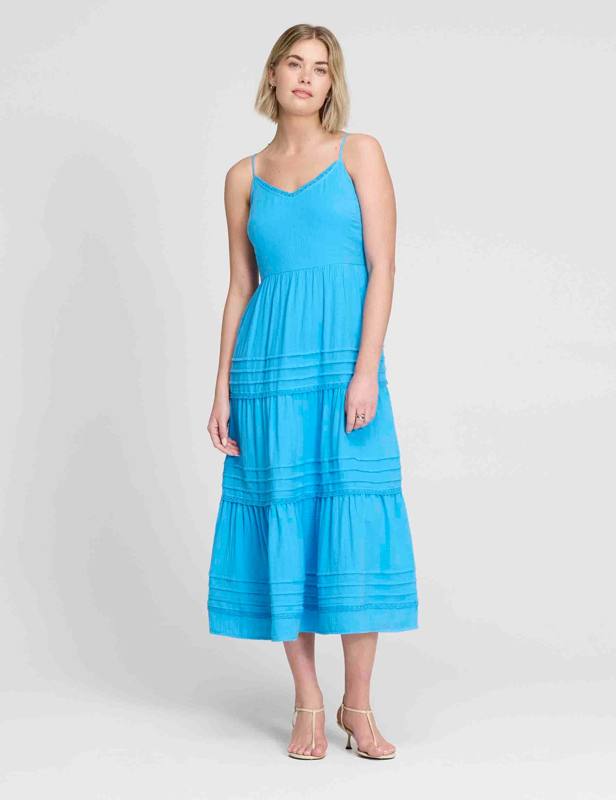 Pure Cotton V-Neck Strappy Midi Tiered Dress