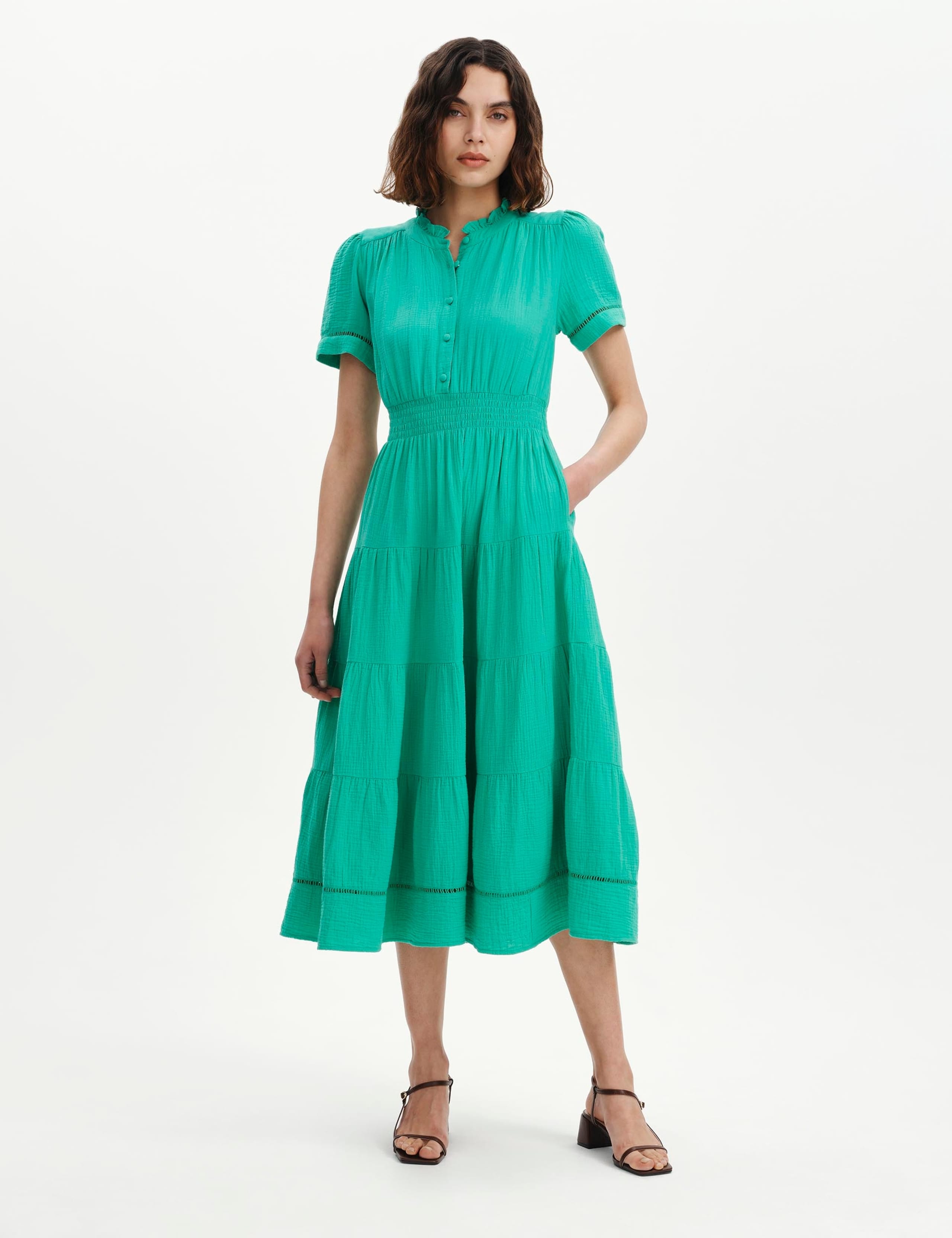 Pure Cotton Textured High Neck Midi Dress
