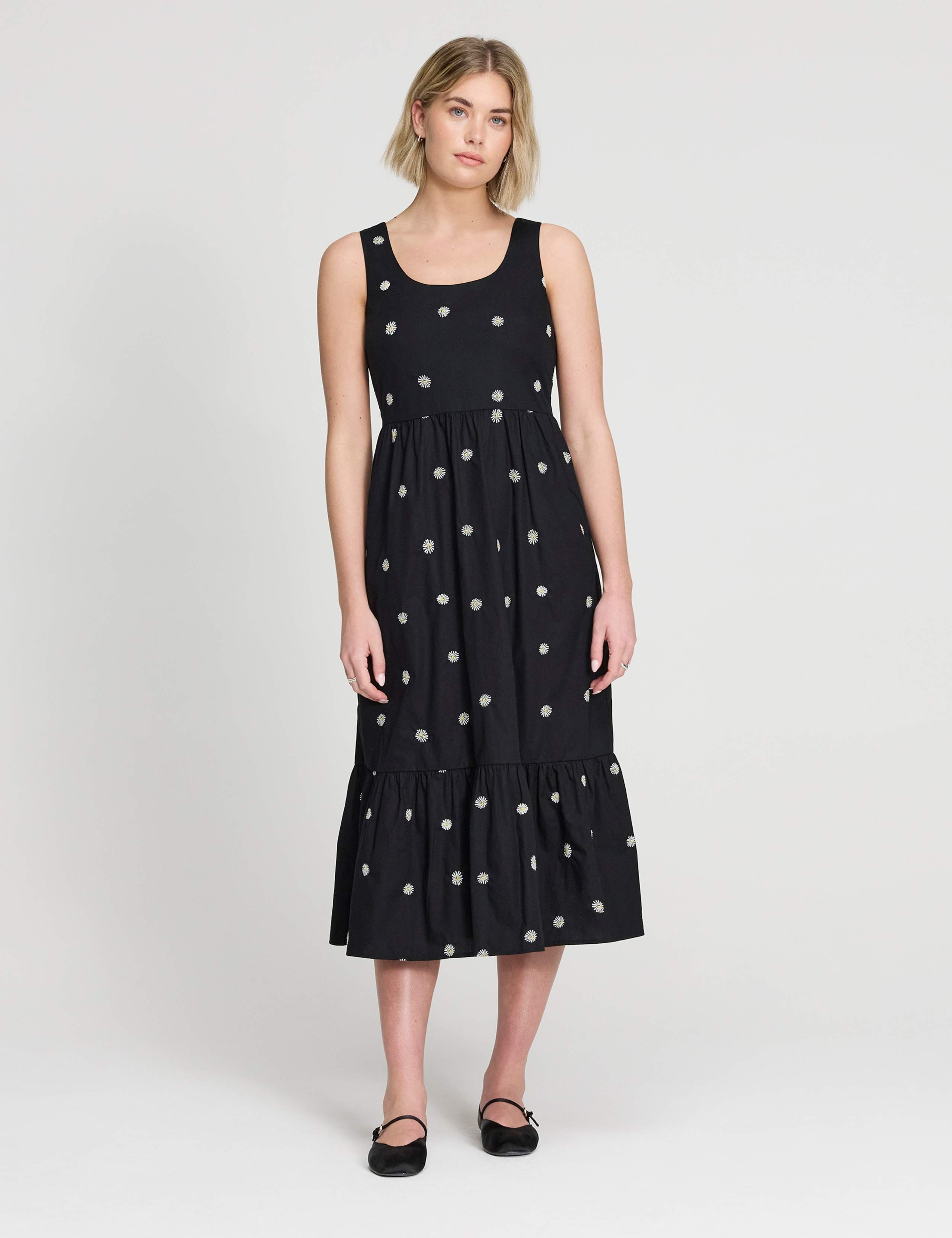 Pure Cotton Embroidered Midi Waisted Dress