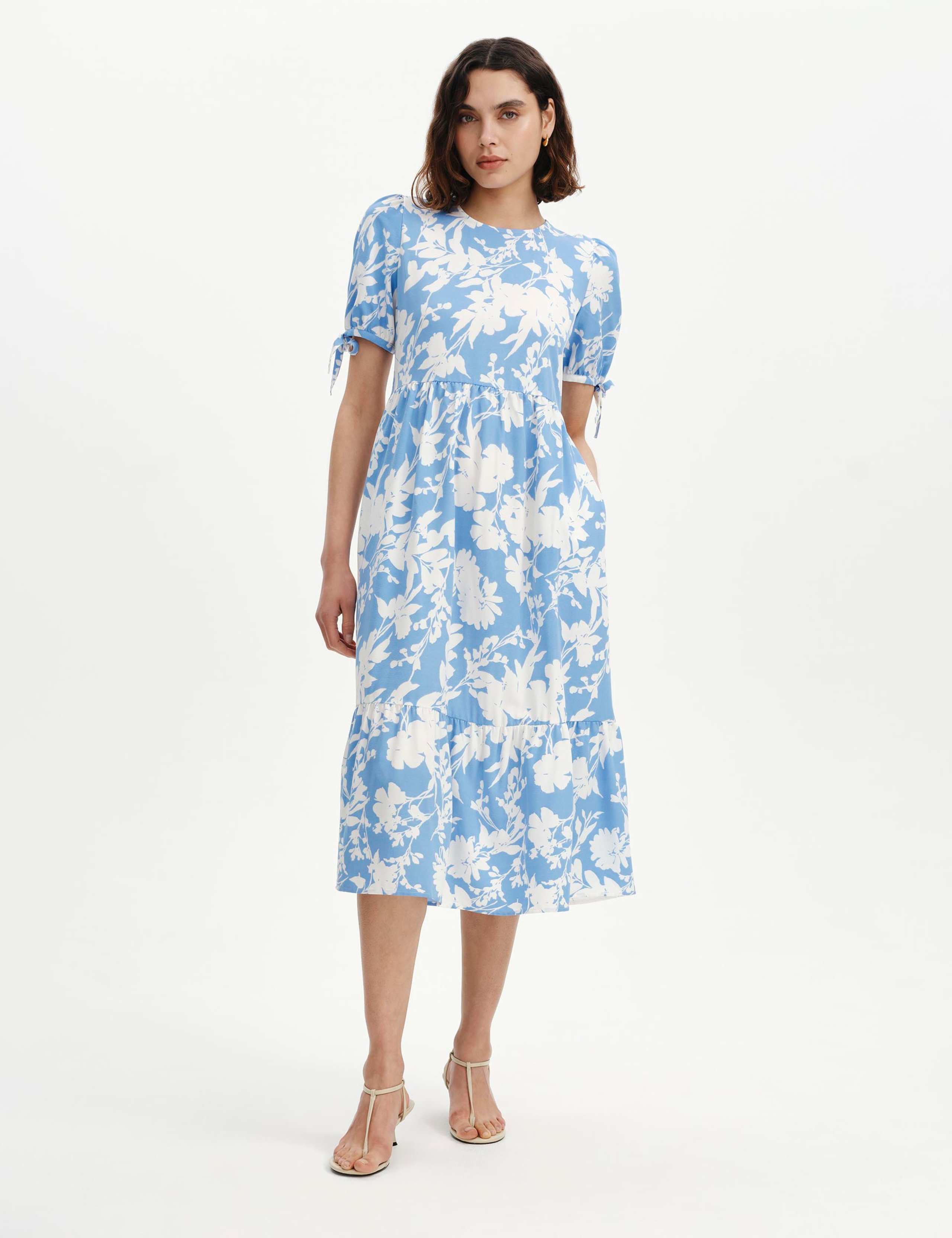 Floral Puff Sleeve Midi Tiered Dress
