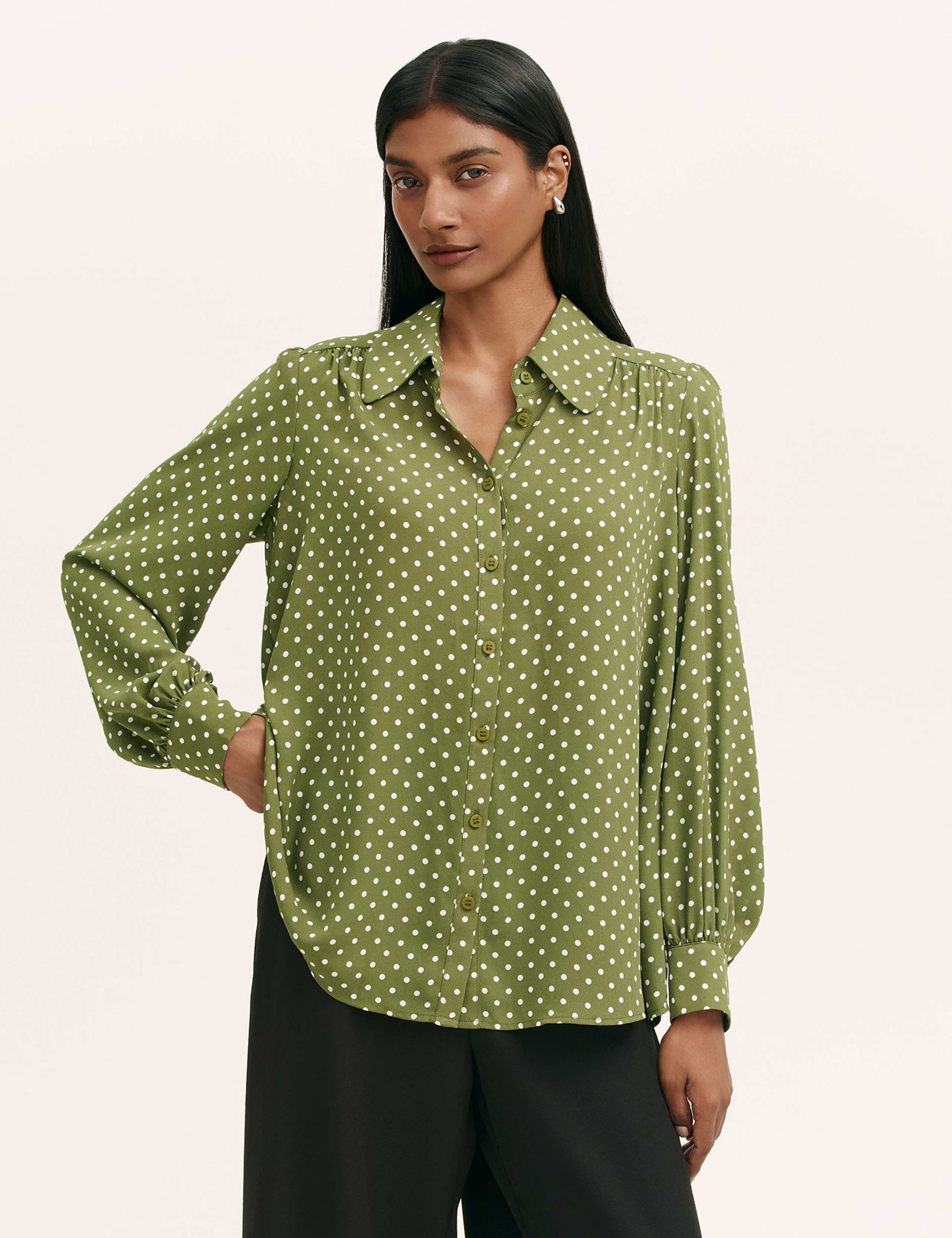 Polka Dot Collared Blouson Sleeve Blouse