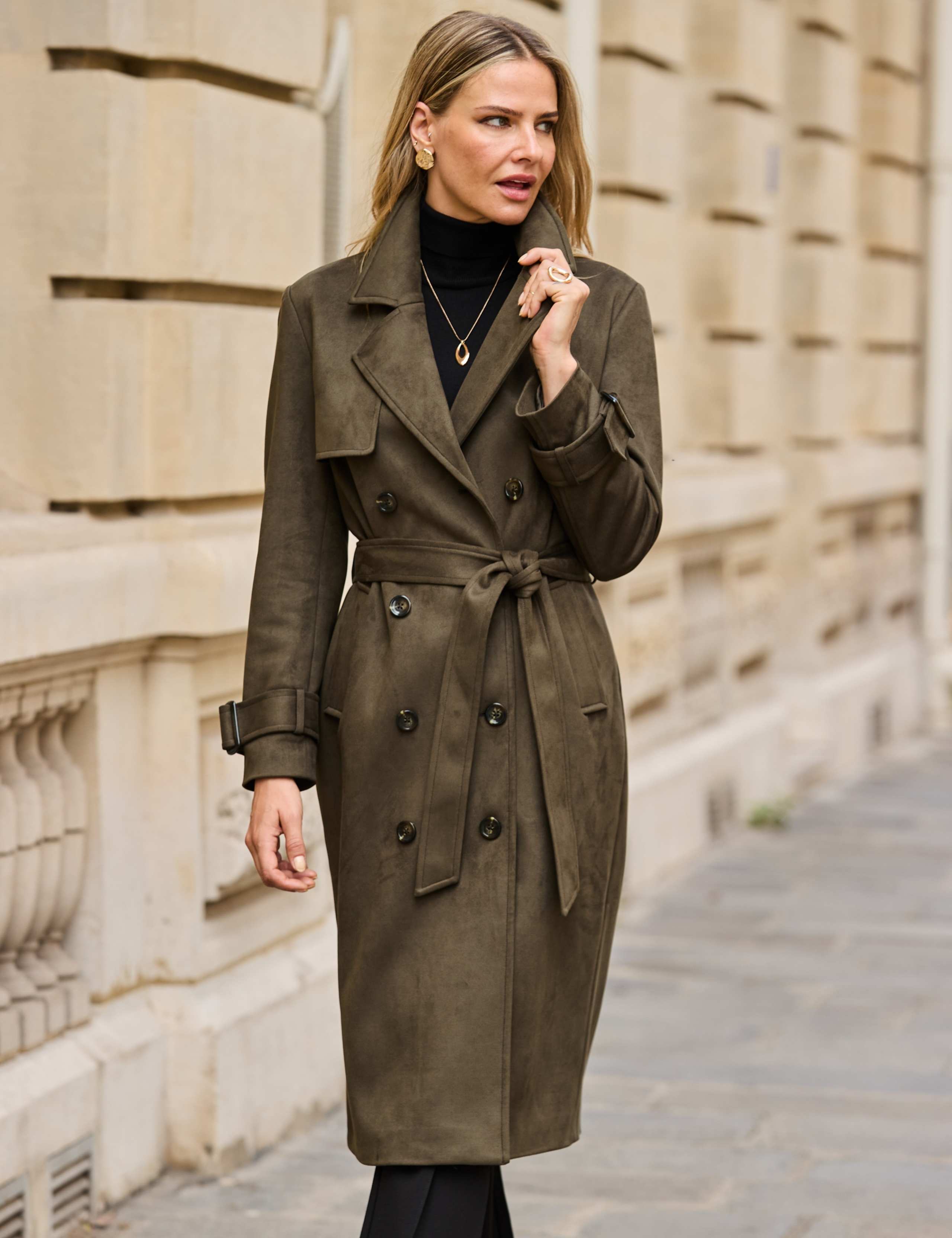 Faux Suede Double Breasted Long Trench Coat