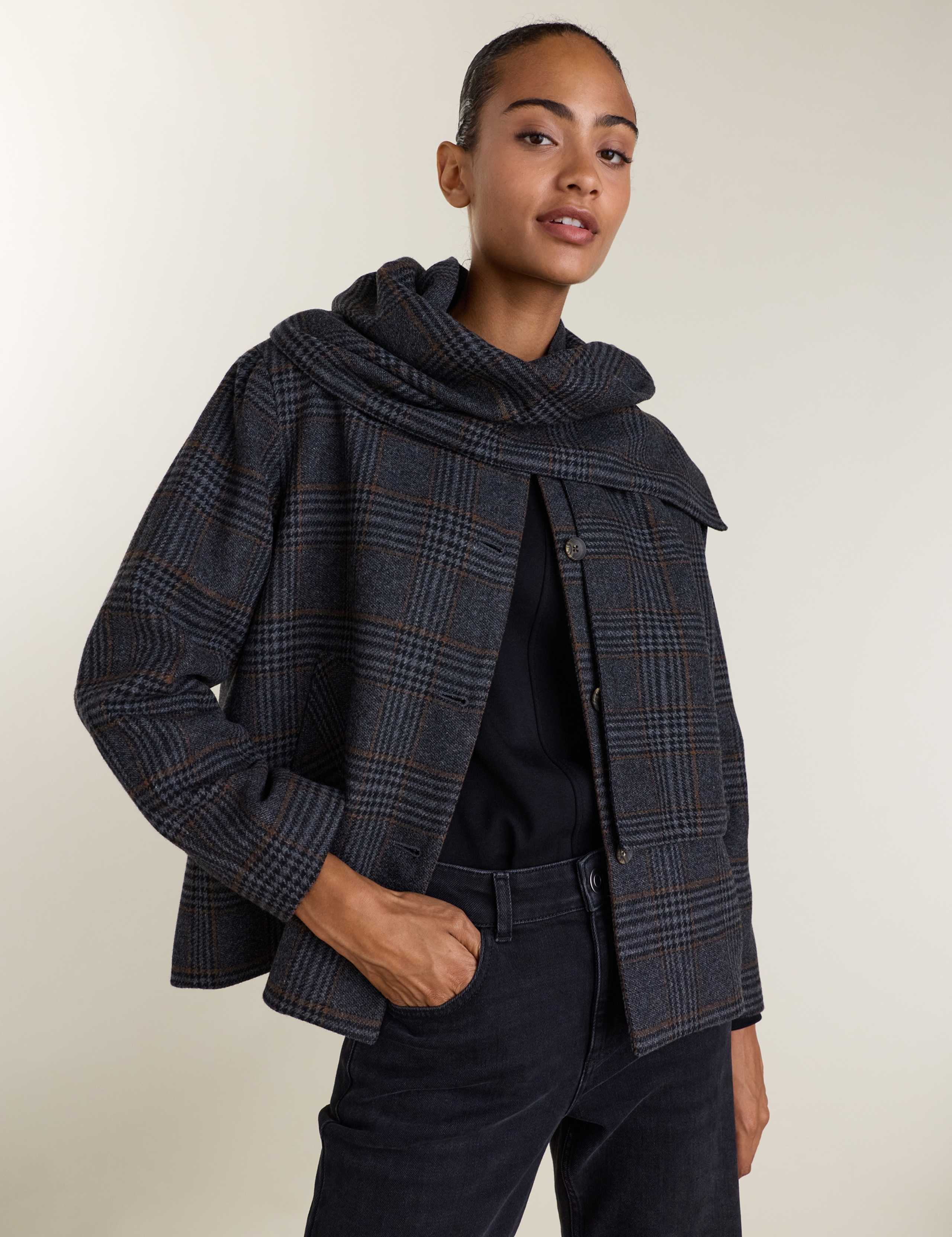 Wool Rich Checked Scarf Coat