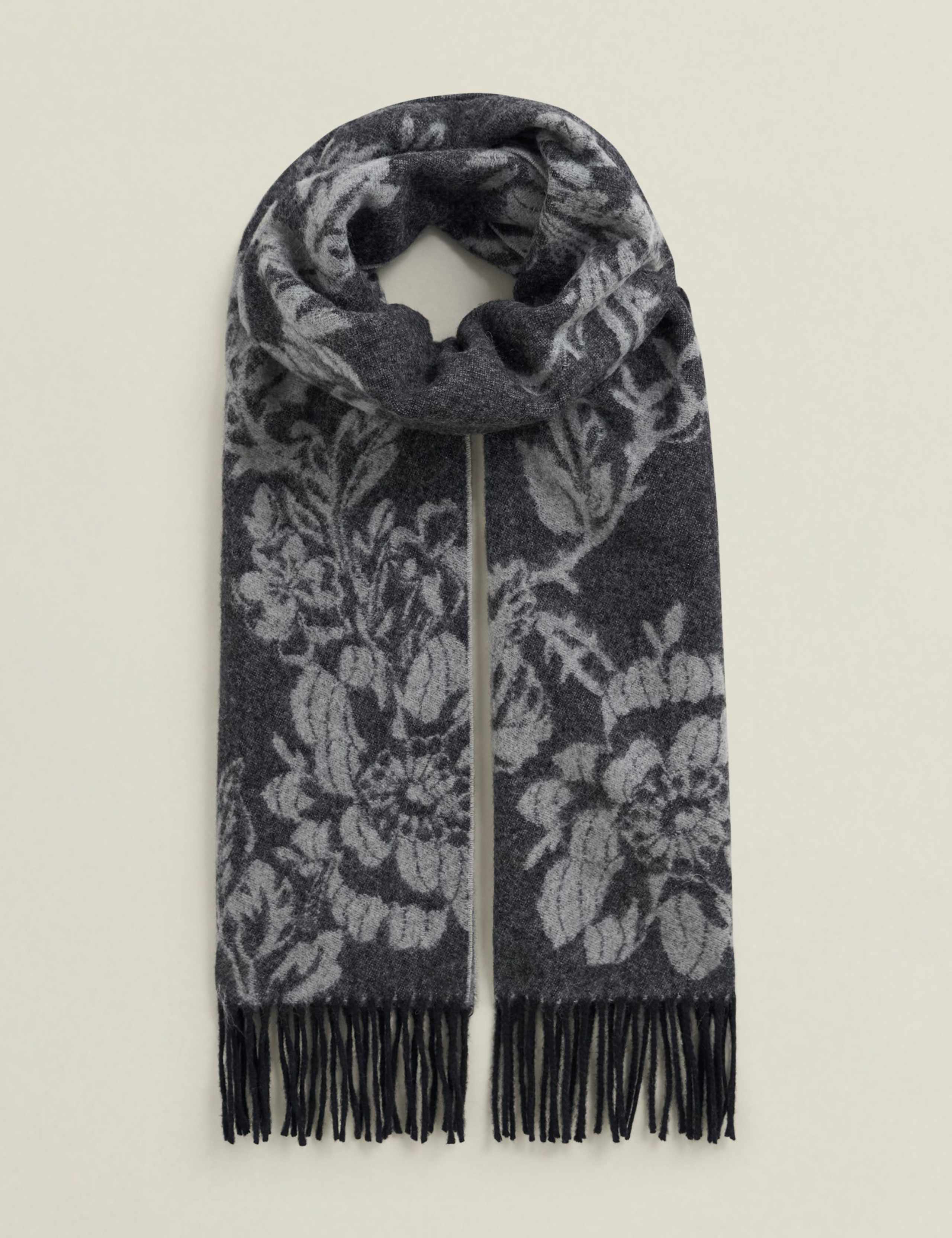 Pure Wool Floral Fringed Scarf
