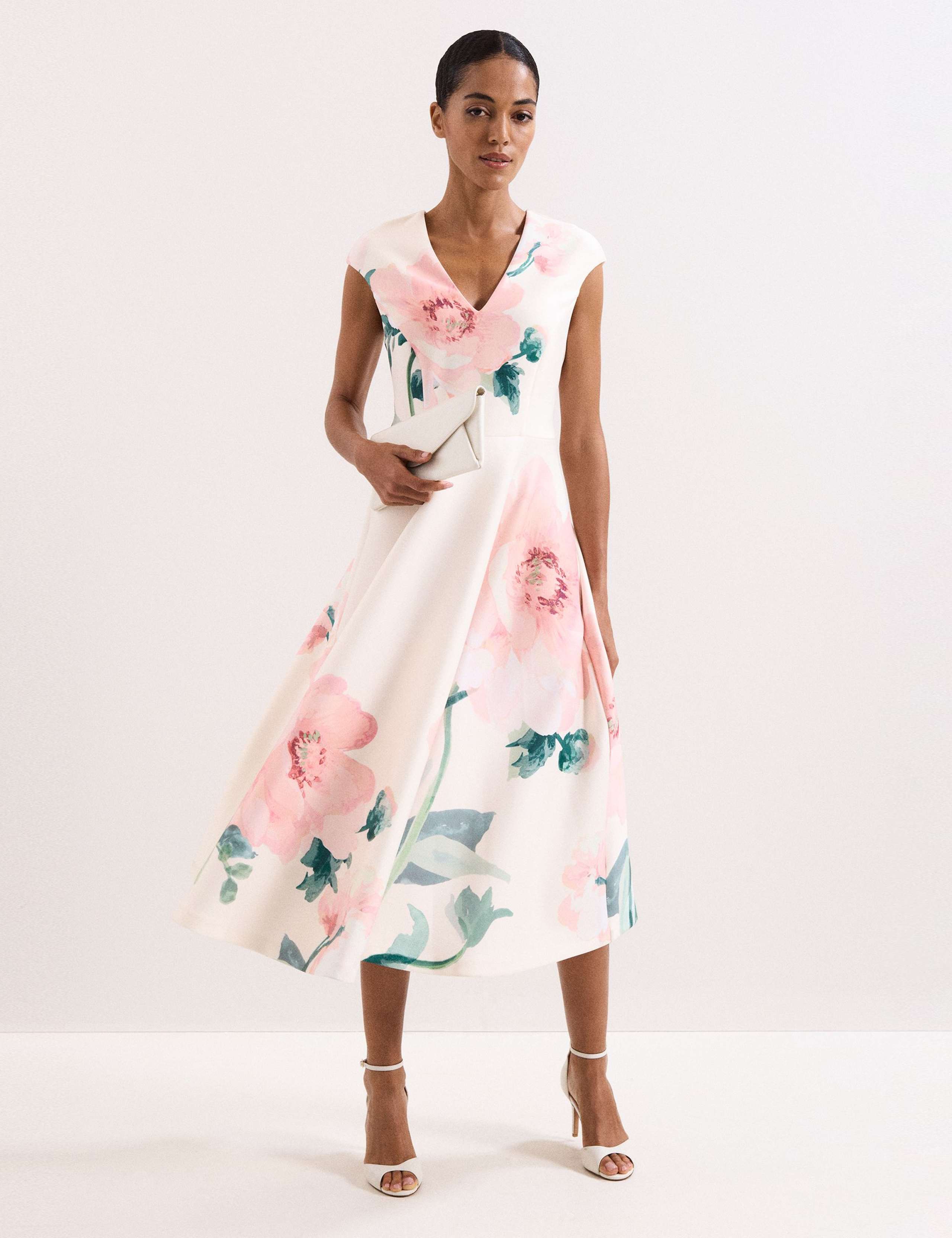 Floral V-Neck Scuba Midi Skater Dress