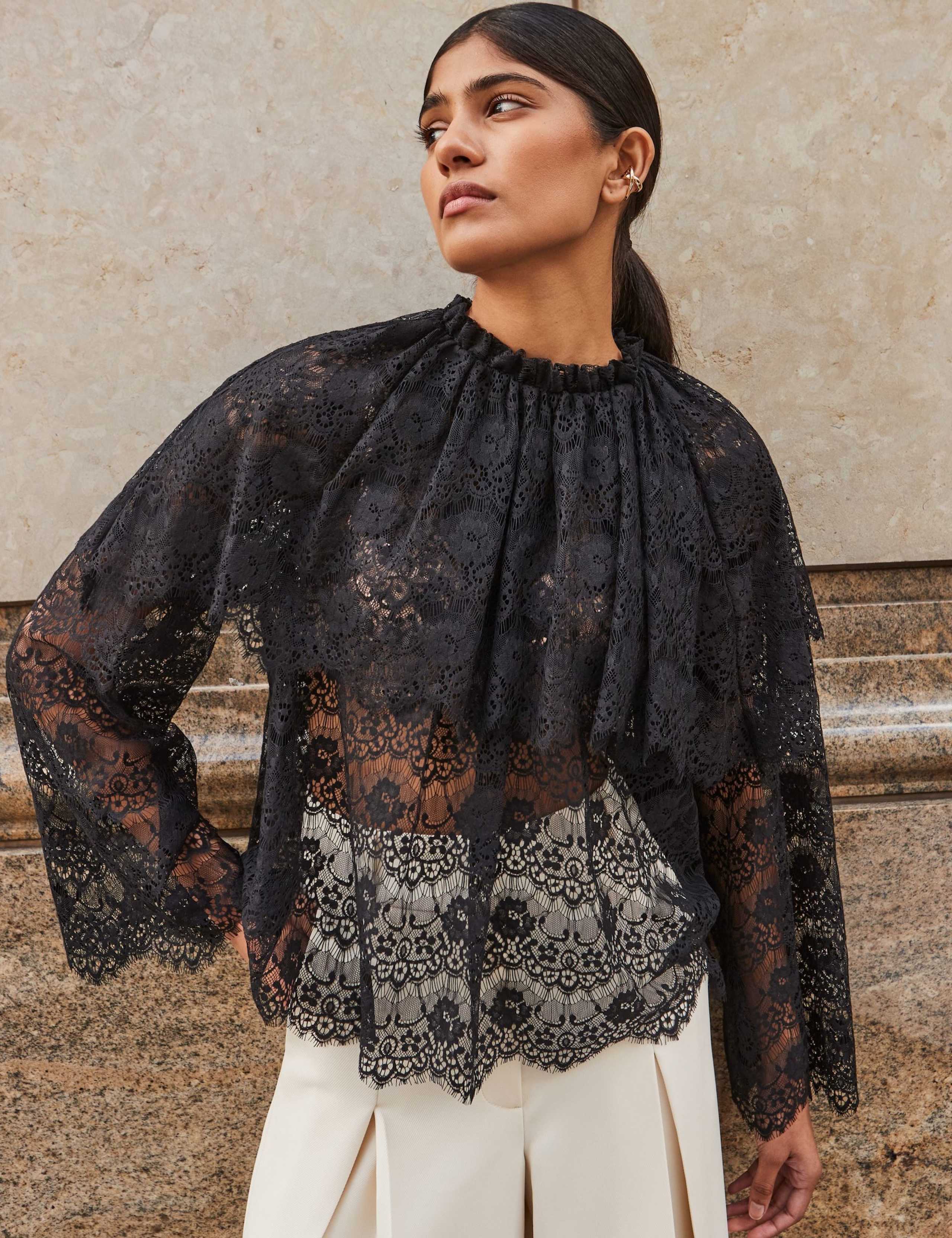 Cotton Blend Lace Overlay High Neck Blouse