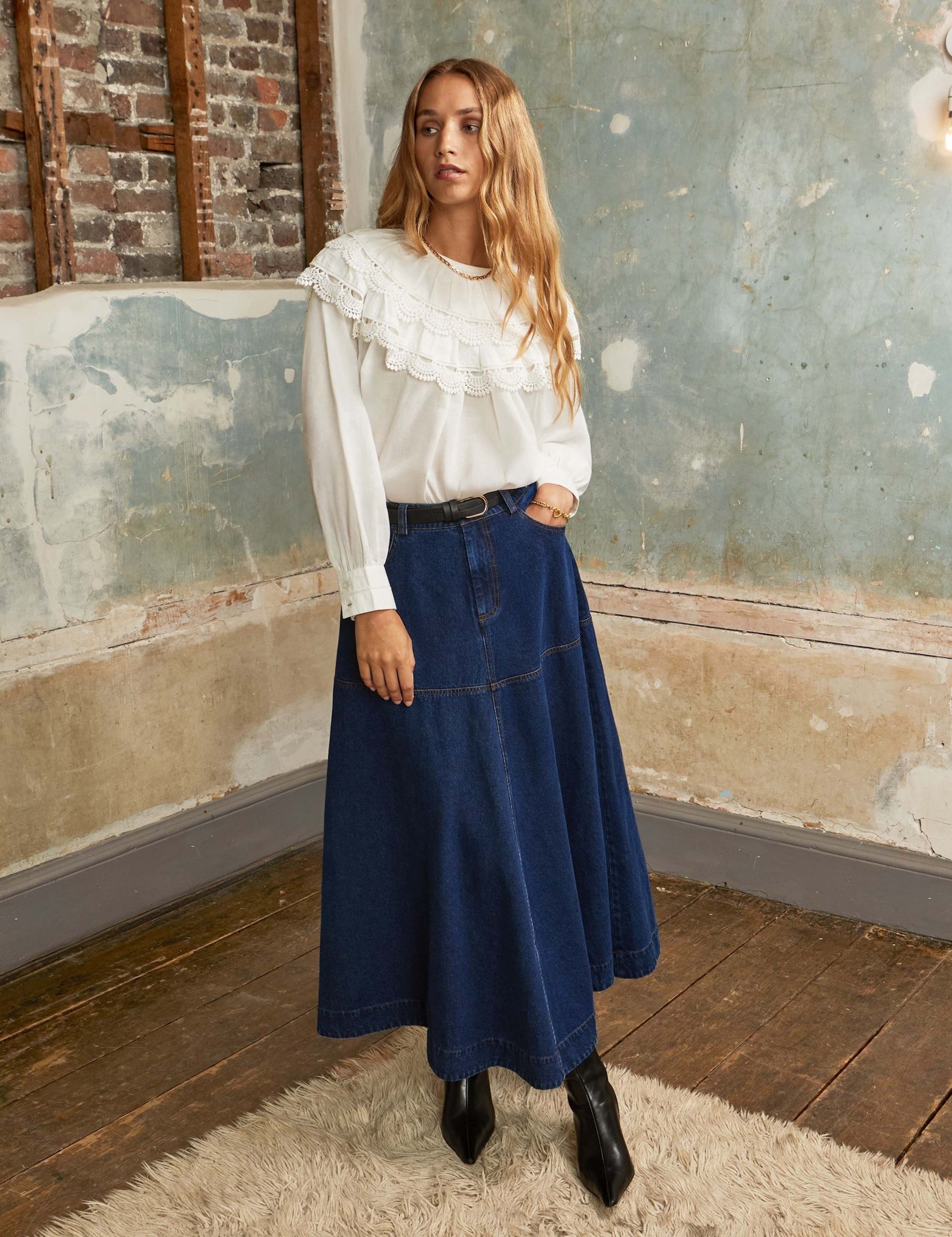 Pure Cotton Lace Trim Double Frill Blouse